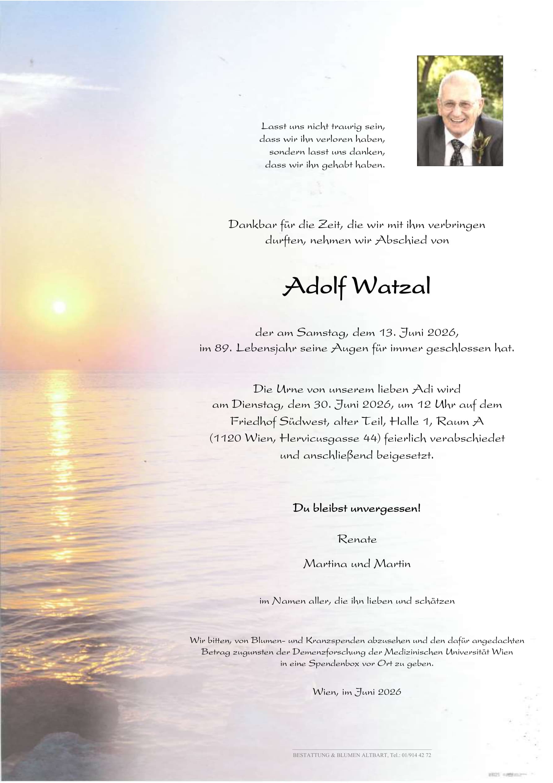 Parte der verstorbenen Person Adolf Watzal 