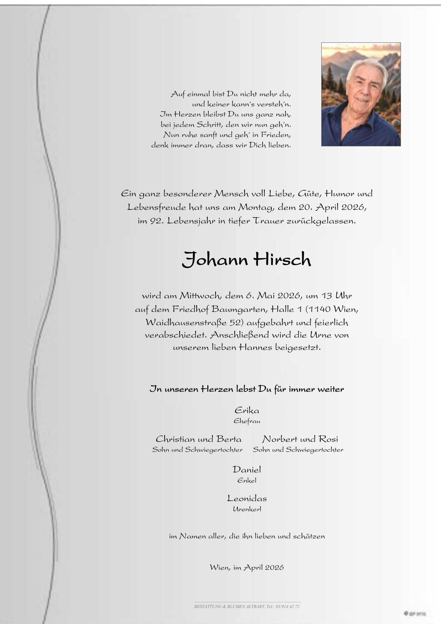 Parte der verstorbenen Person Johann Hirsch 