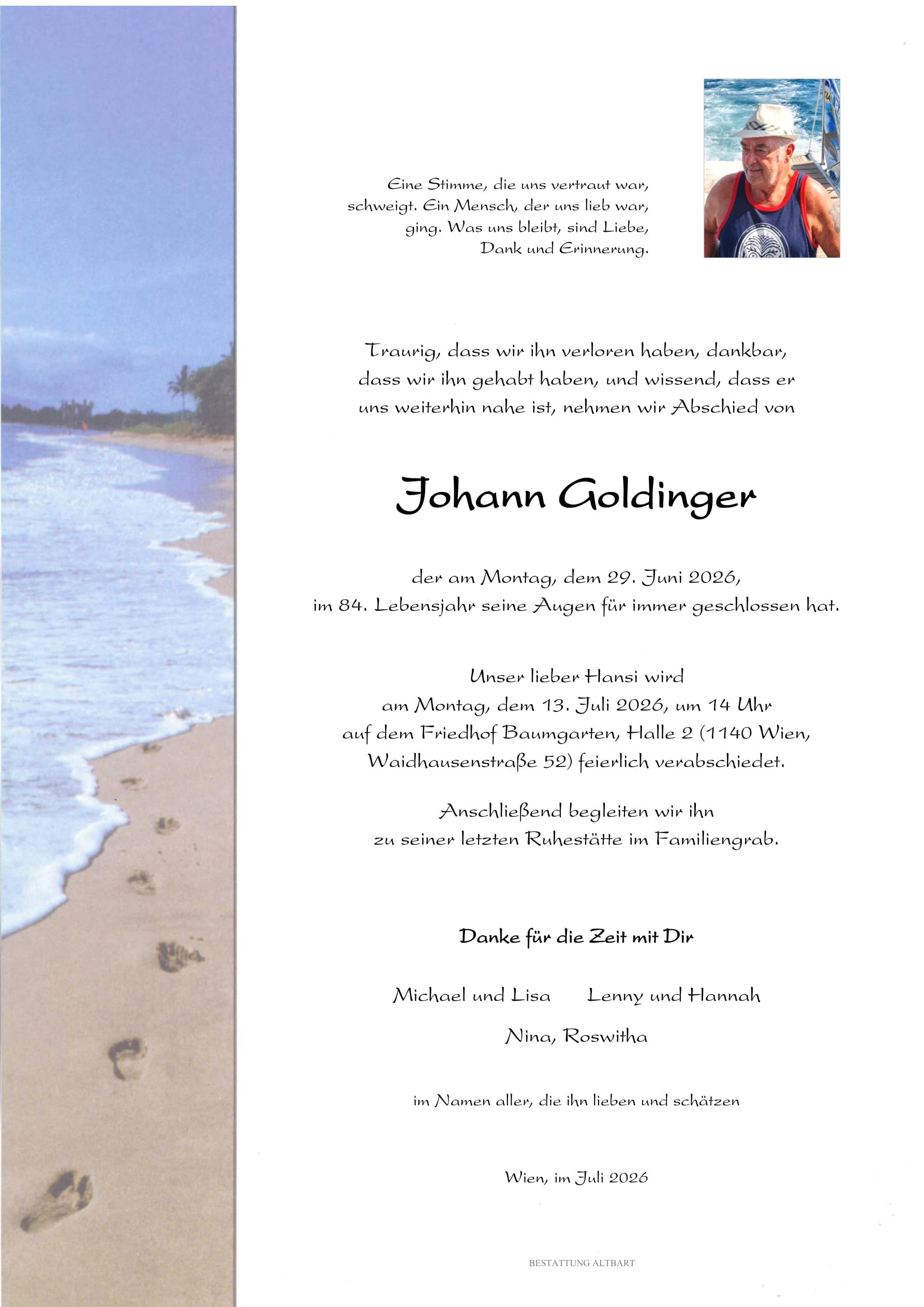 Parte der verstorbenen Person Johann Goldinger 