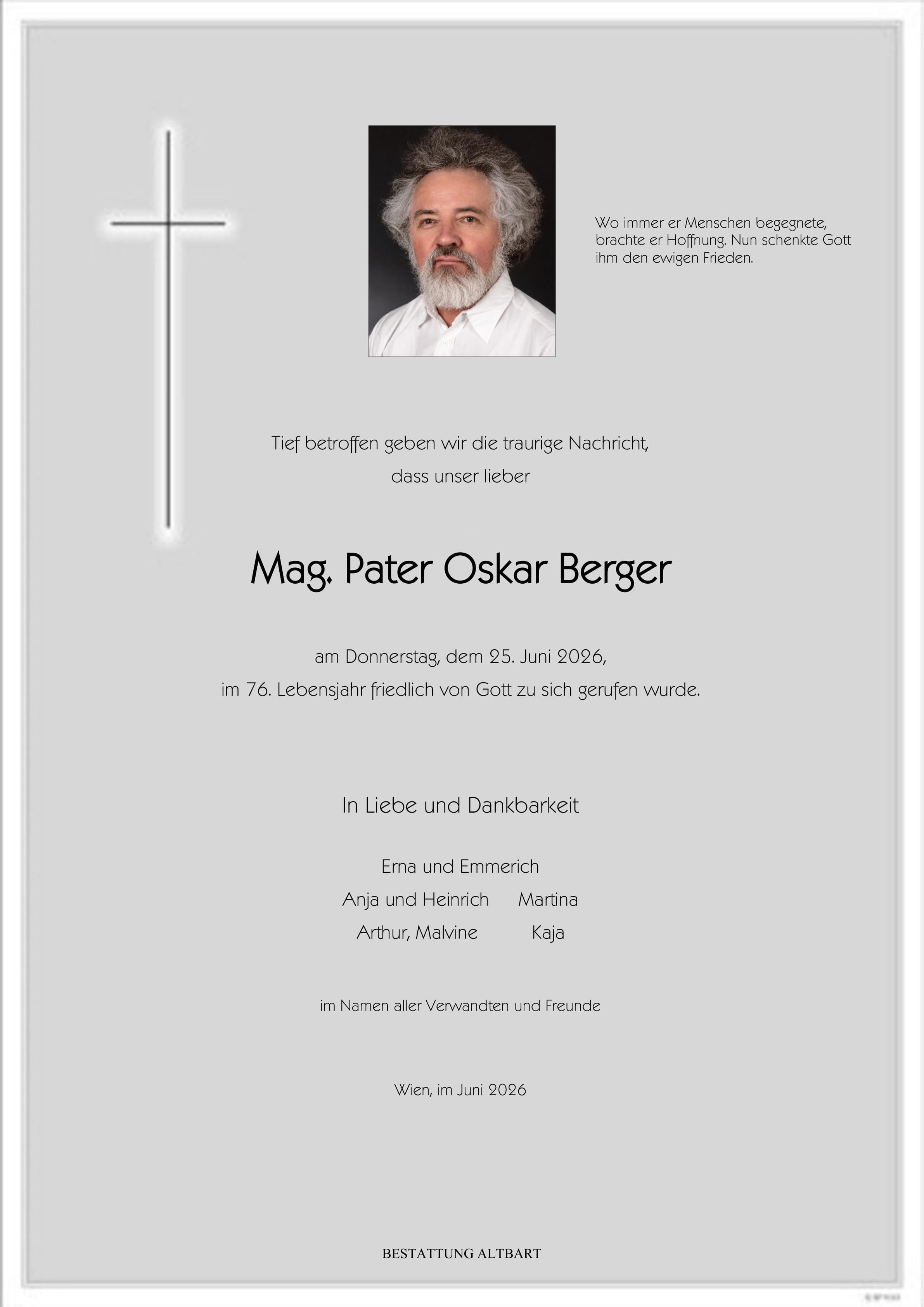 Parte für den Verstorbenen Mag. Pater Oskar Berger SVD 