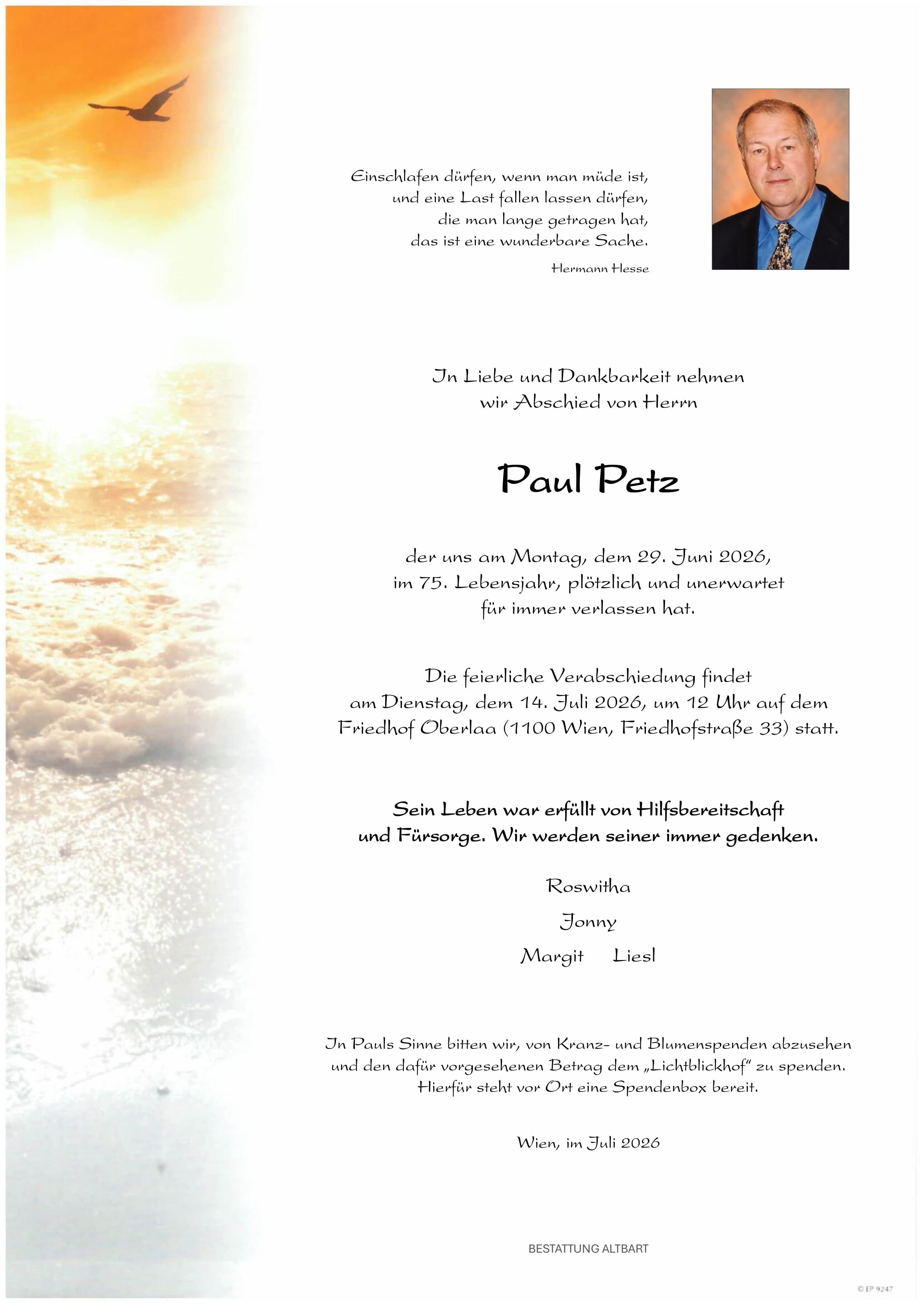 Parte der verstorbenen Person Paul Petz