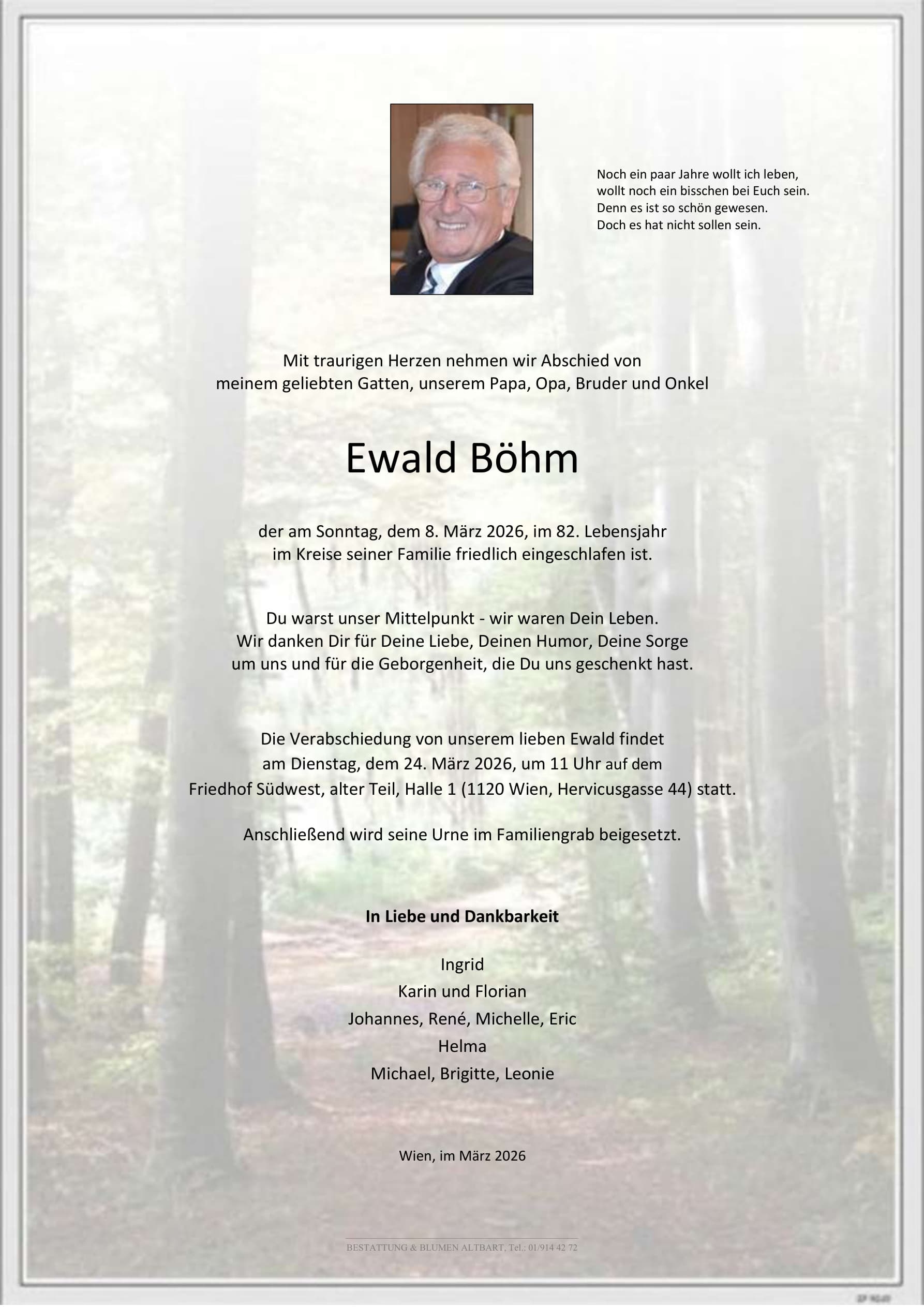 Parte der verstorbenen Person Ewald Böhm 