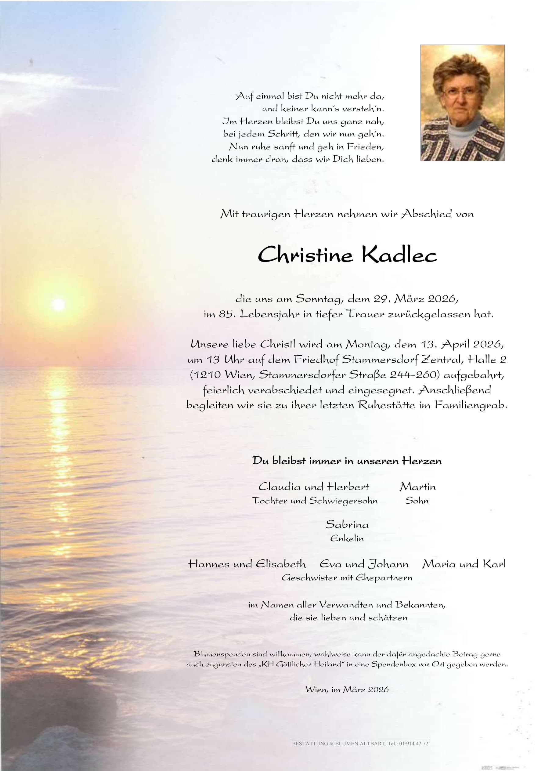 Parte der verstorbenen Person Christine Kadlec