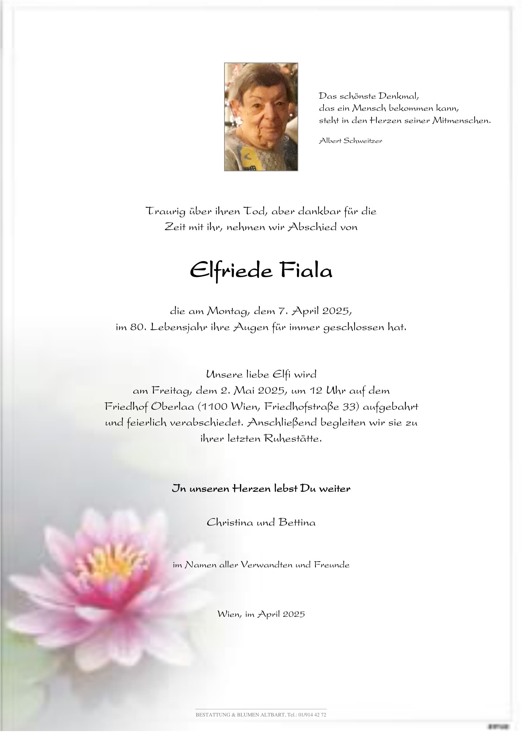 Parte der verstorbenen Person Elfriede Fiala 