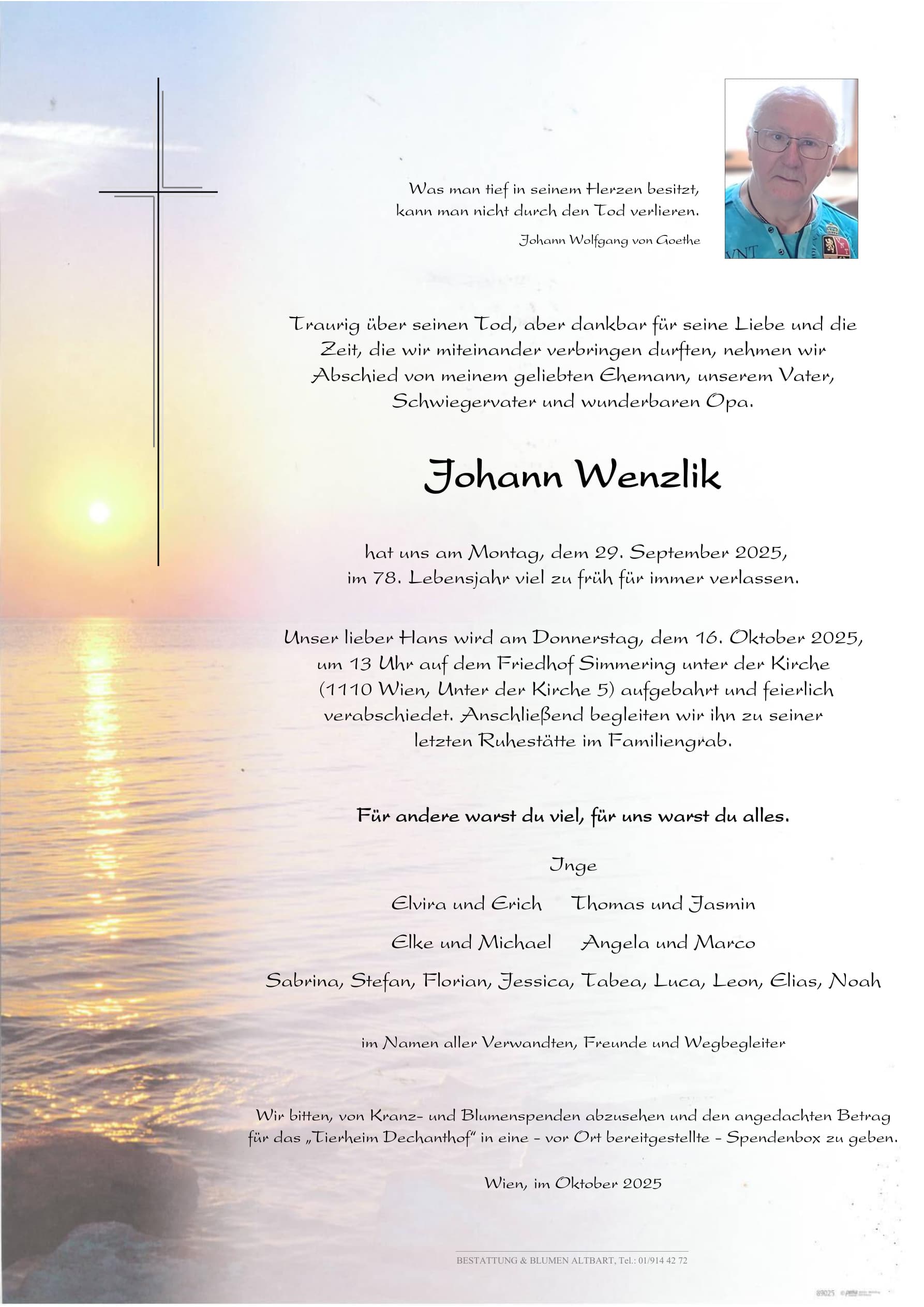 Parte der verstorbenen Person Johann Wenzlik 