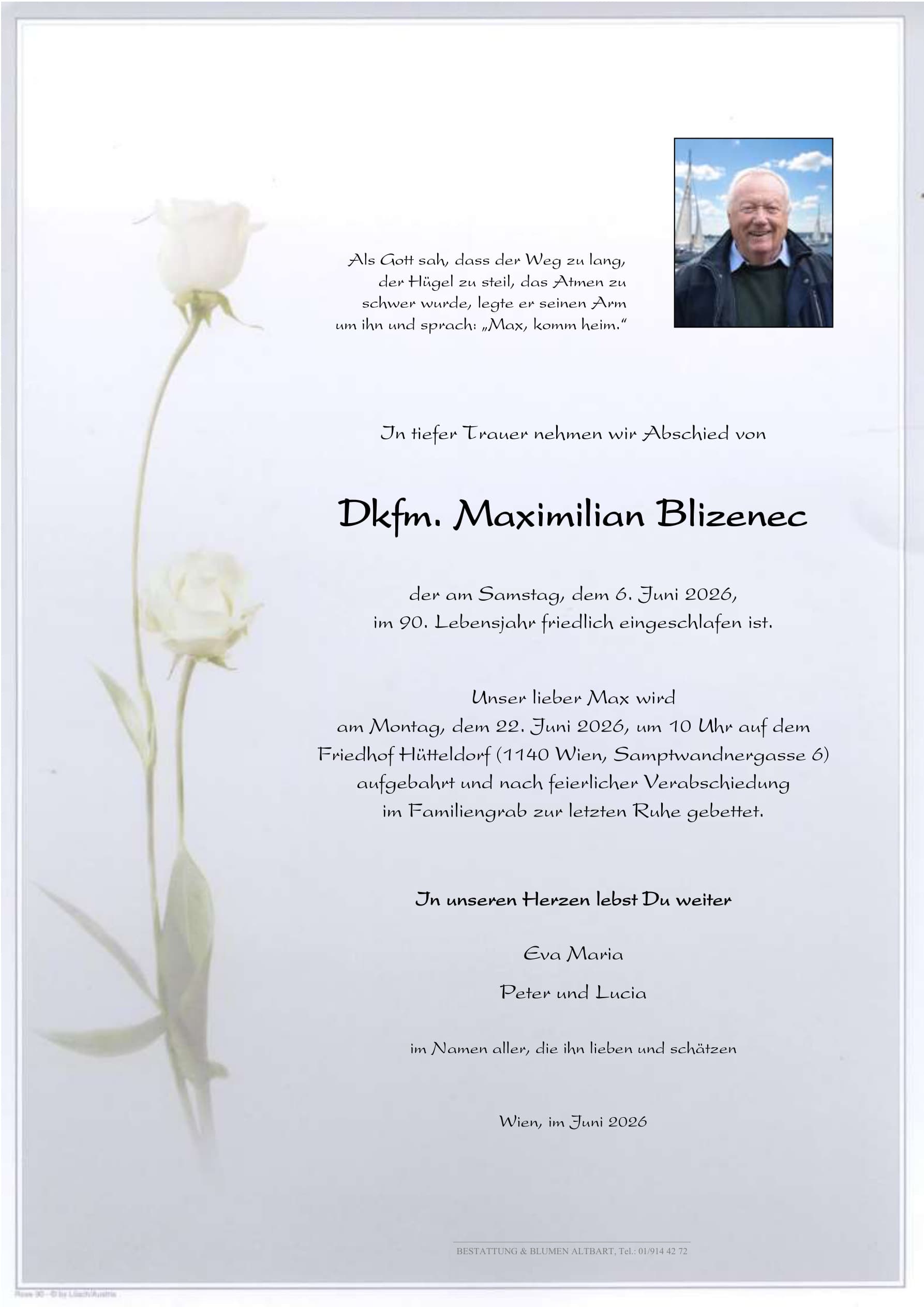 Parte der verstorbenen Person Dkfm. Maximilian Blizenec