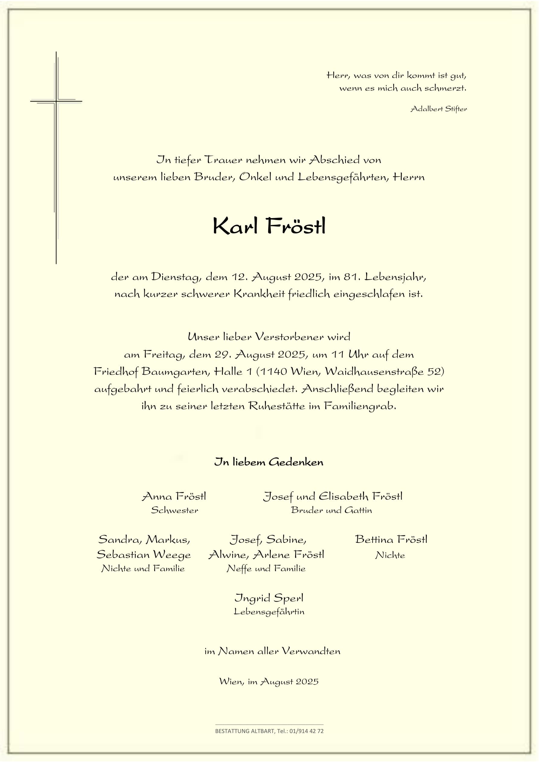 Parte der verstorbenen Person Karl Fröstl 