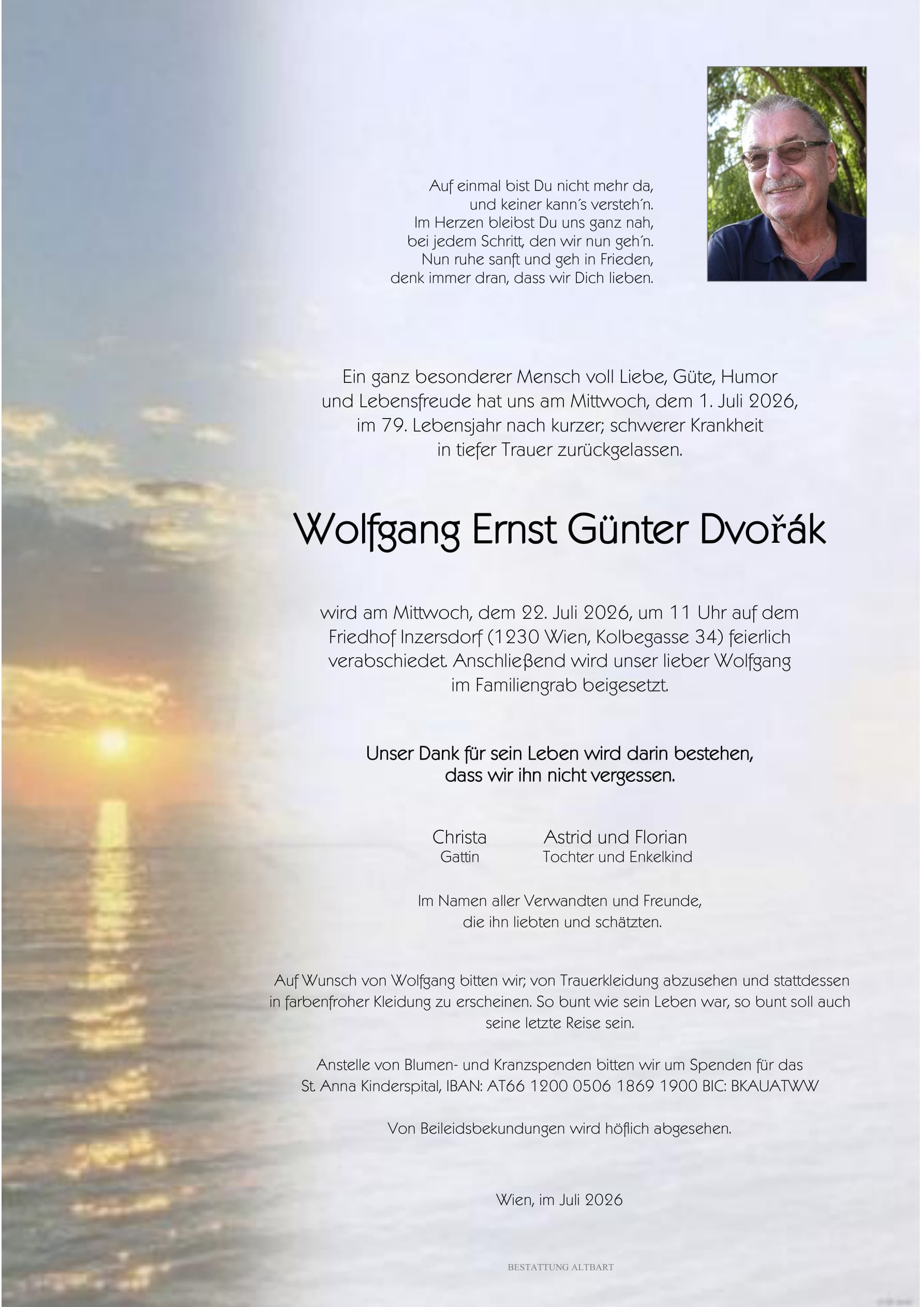 Parte der verstorbenen Person Wolfgang Ernst Günter Dvořák