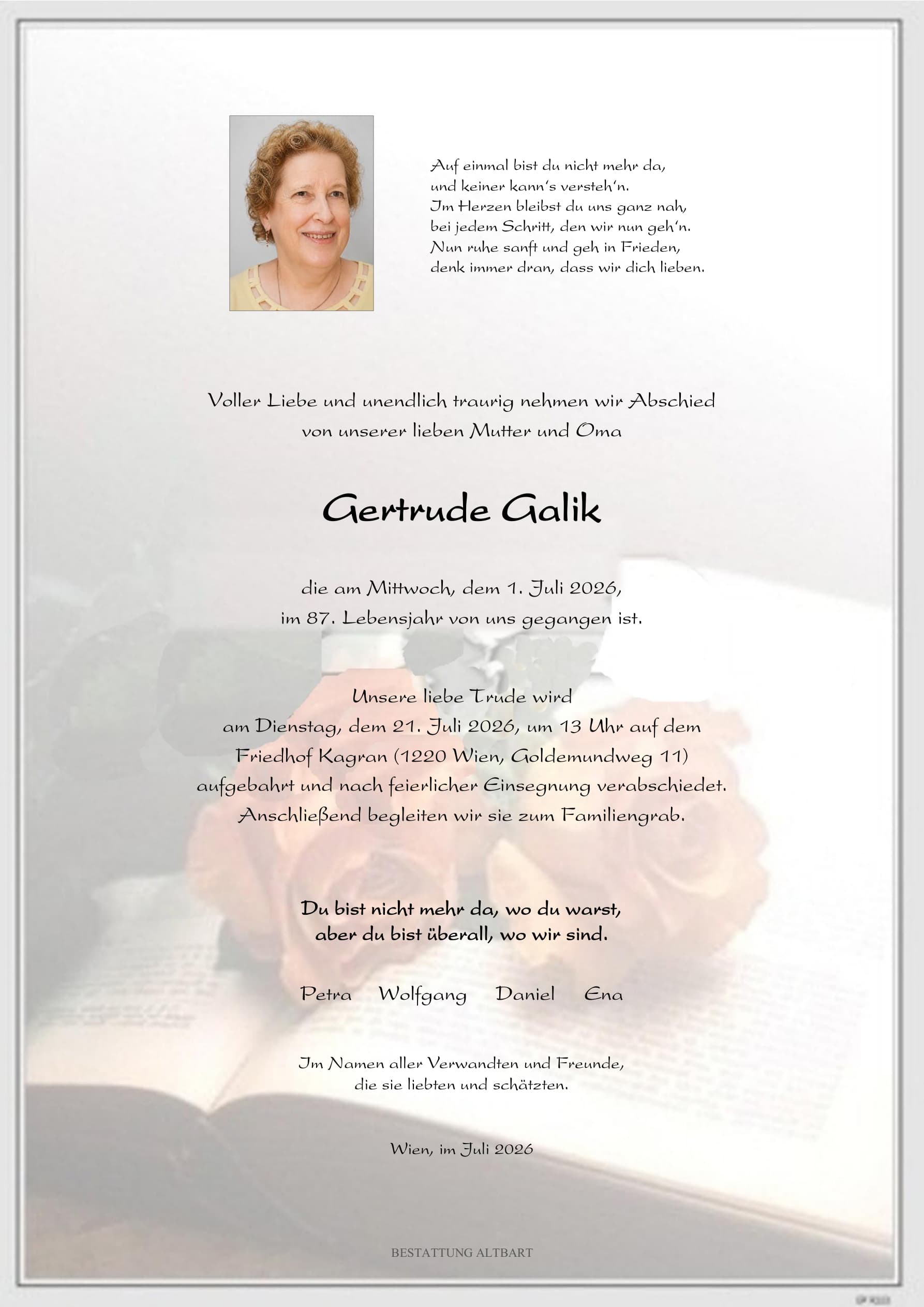 Parte der verstorbenen Person Gertrude Galik 
