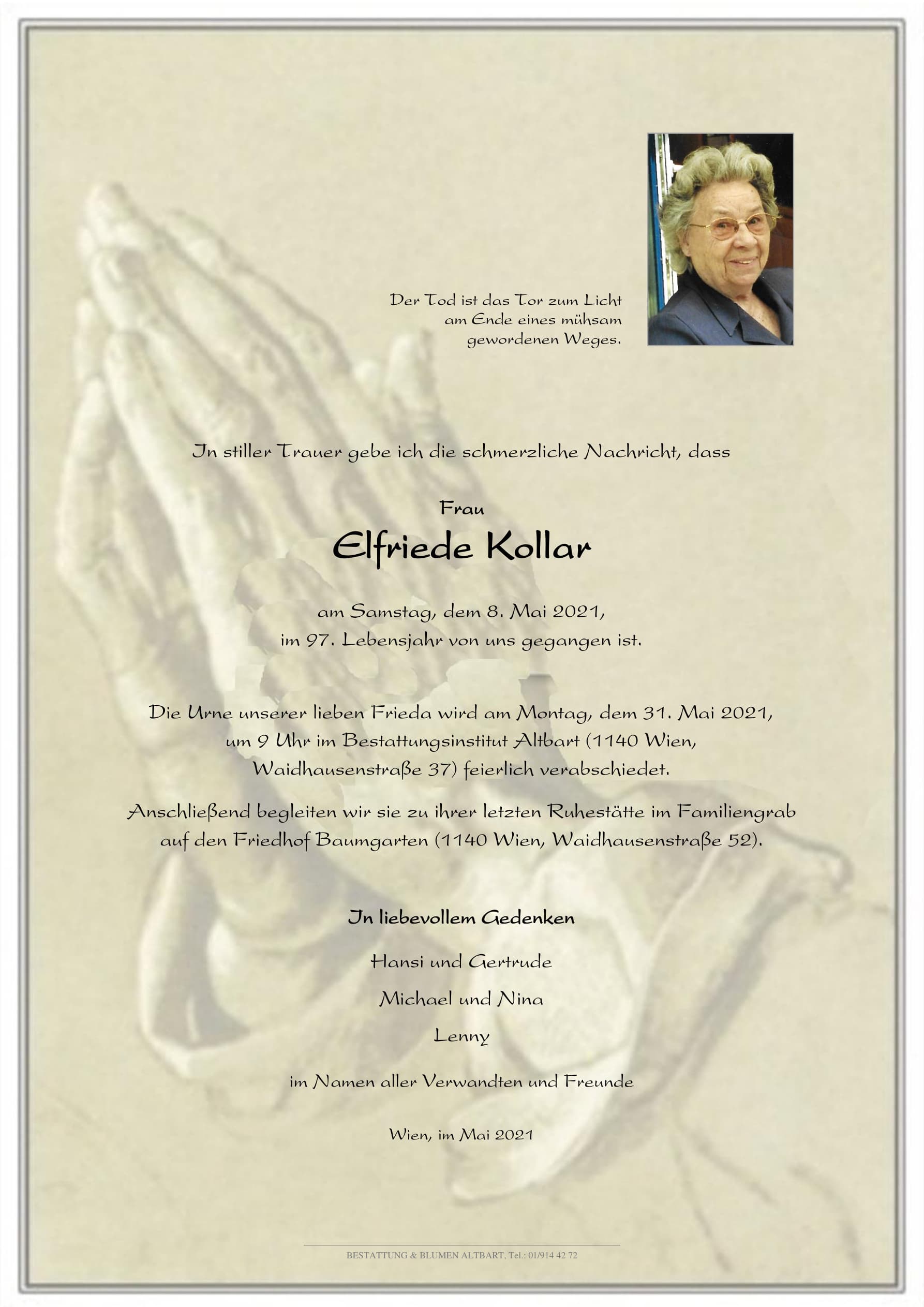 Parte der verstorbenen Person Elfriede Kollar 