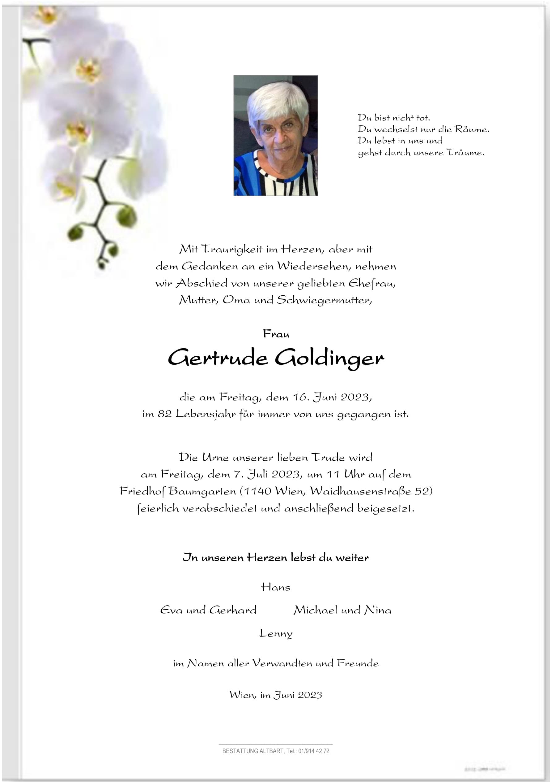 Parte der verstorbenen Person Gertrude Goldinger 