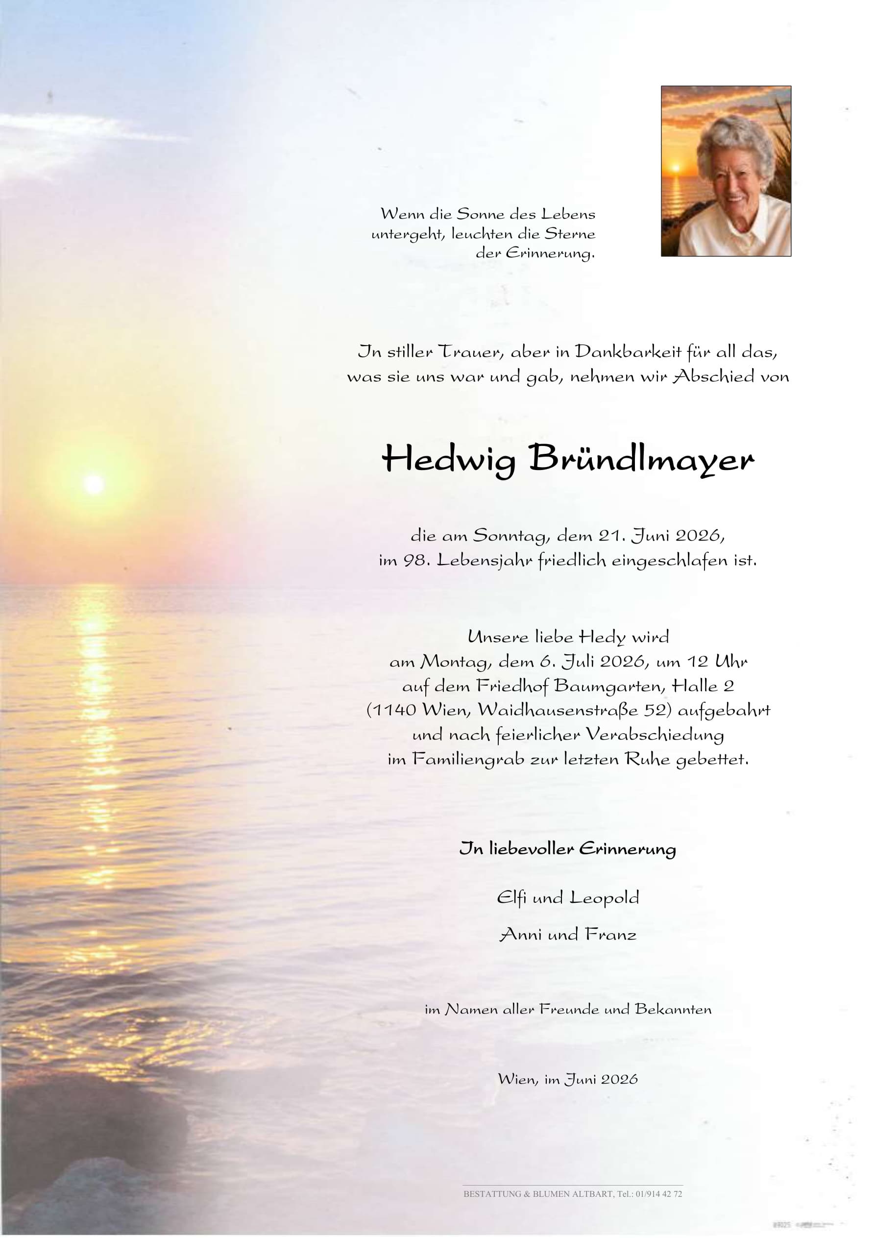 Parte der verstorbenen Person Hedwig Bründlmayer 