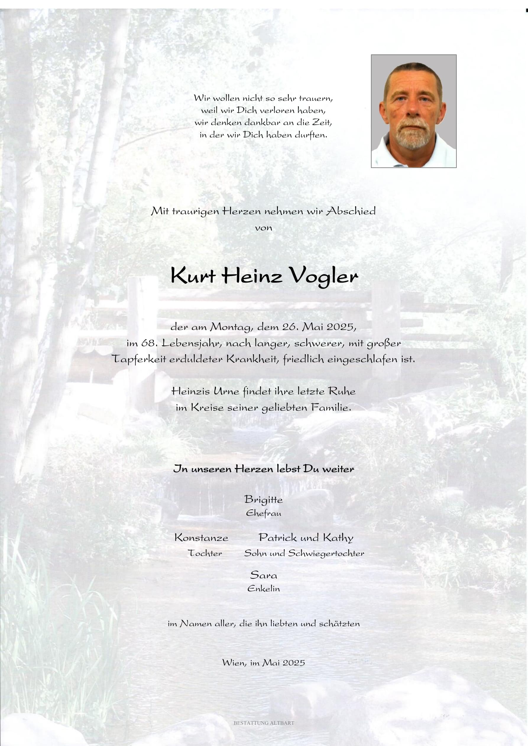 Parte der verstorbenen Person Kurt Heinz Vogler 