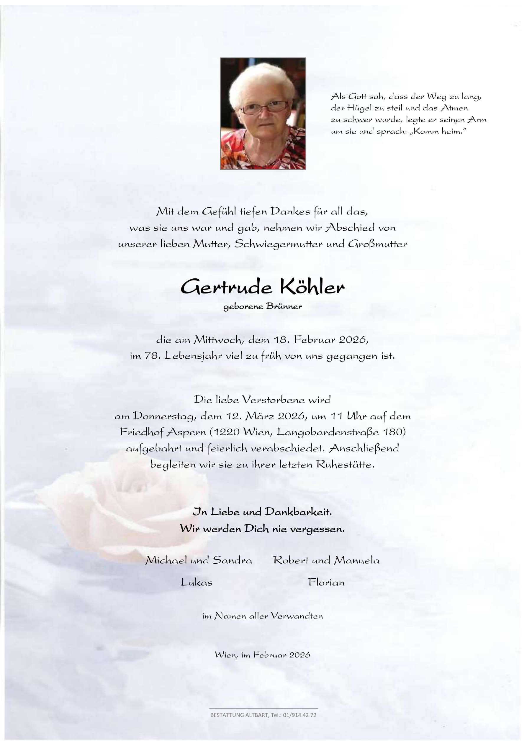Parte der verstorbenen Person Gertrude Köhler