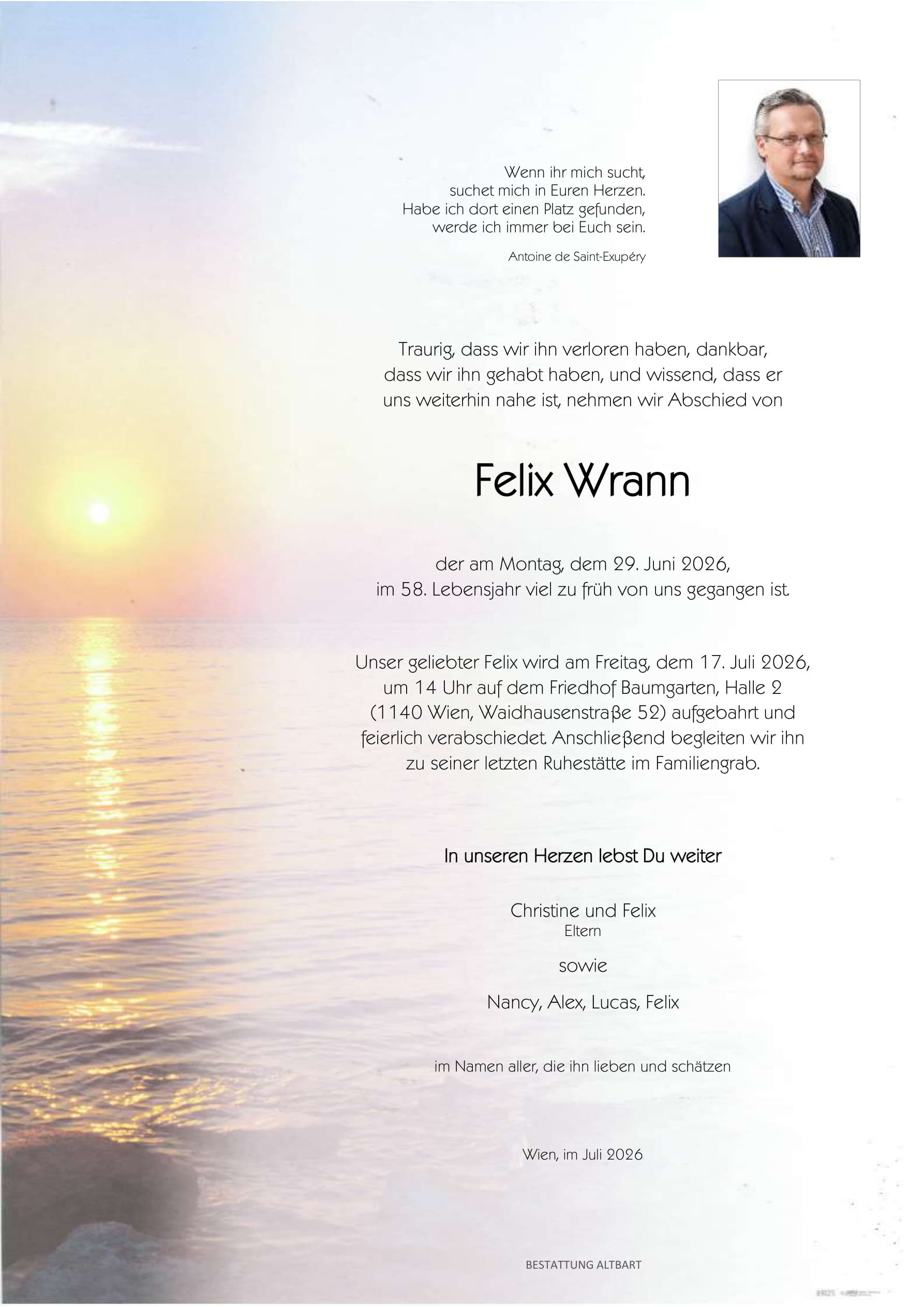 Parte der verstorbenen Person Felix Wrann