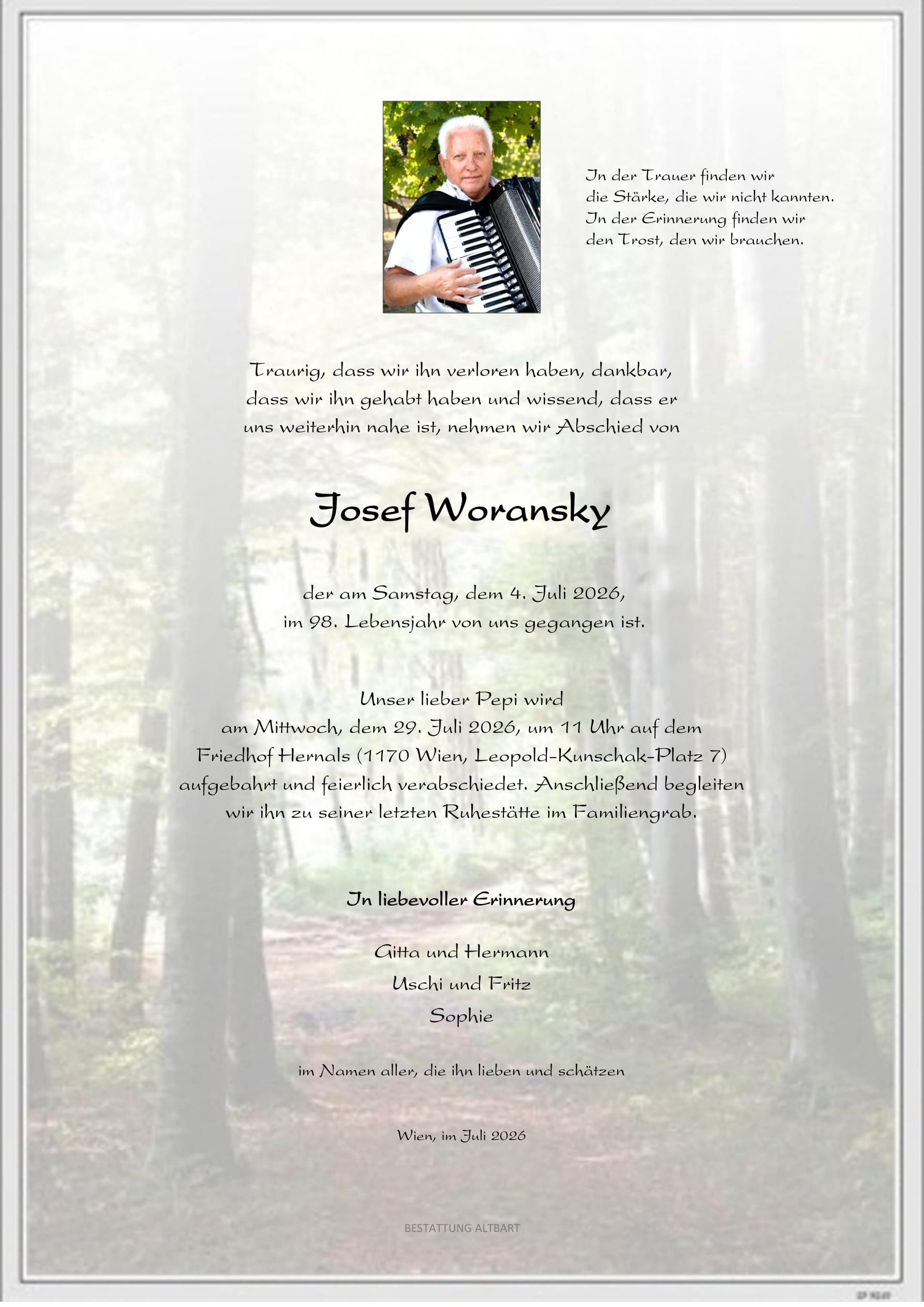 Parte der verstorbenen Person Josef Woransky 