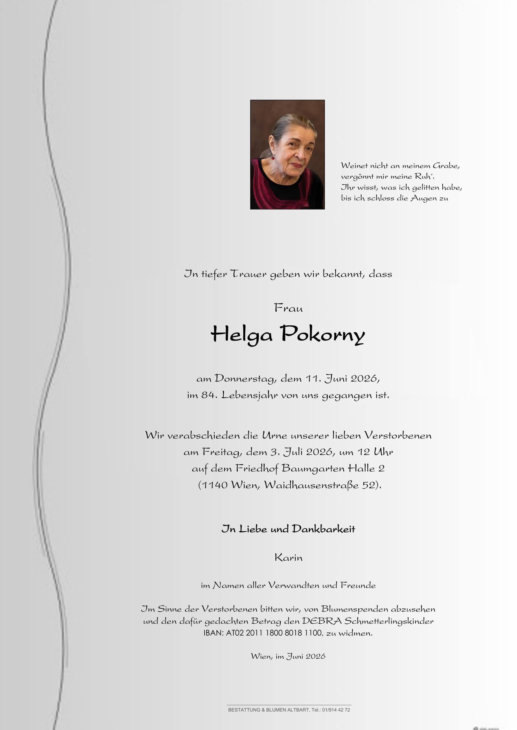 Parte der verstorbenen Person Helga Pokorny 