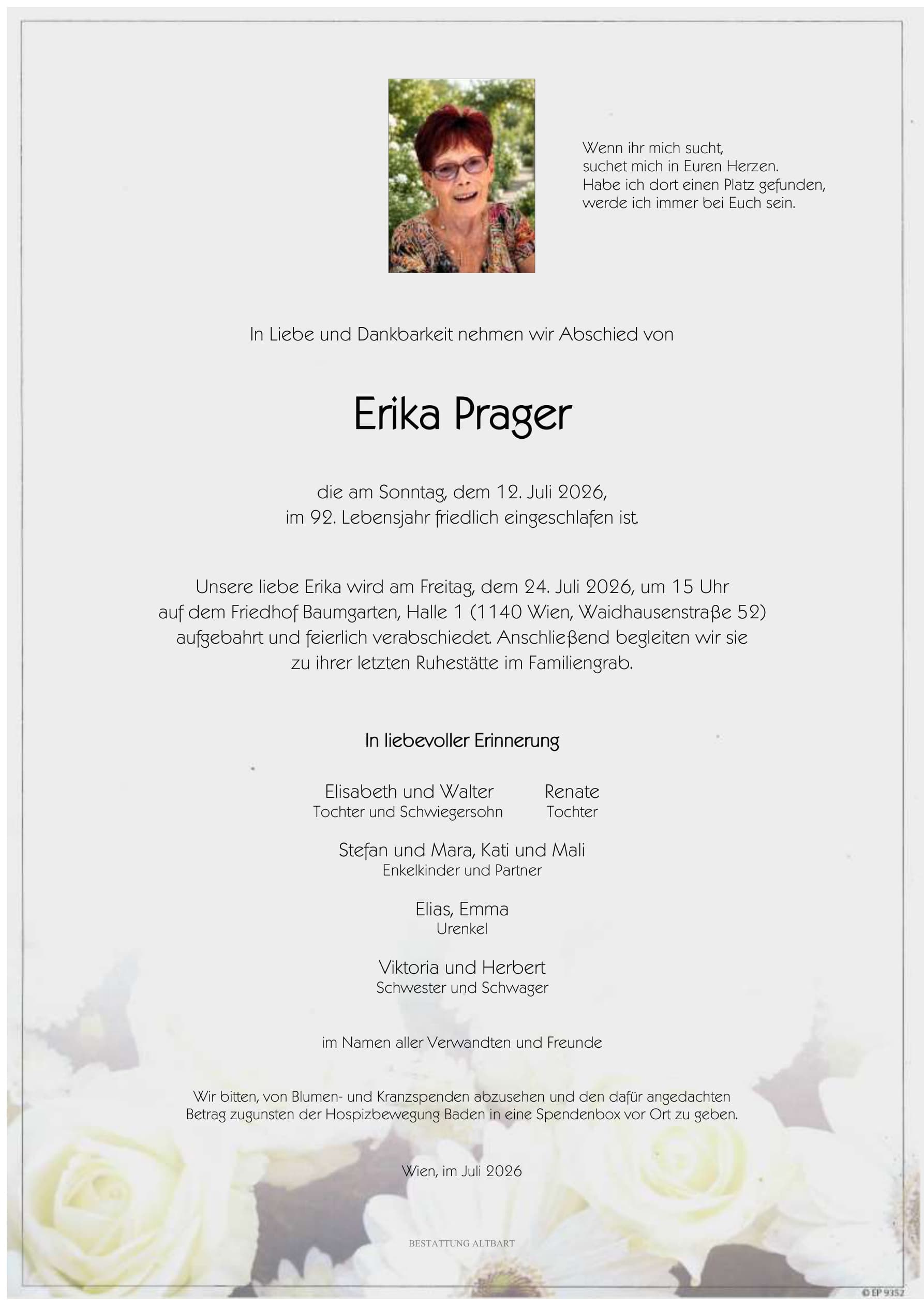 Parte der verstorbenen Person Erika Prager 