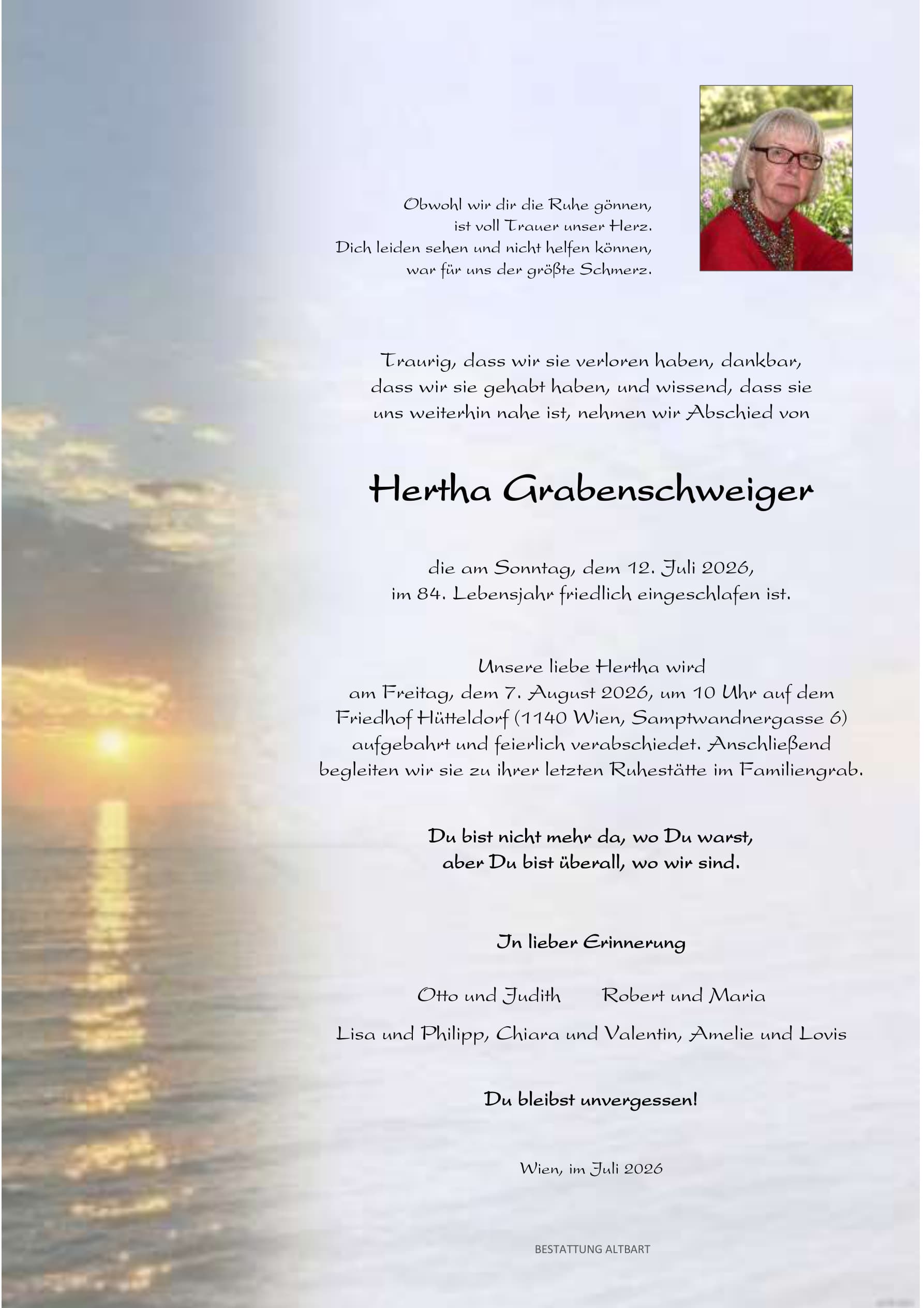 Parte der verstorbenen Person Hertha Grabenschweiger 