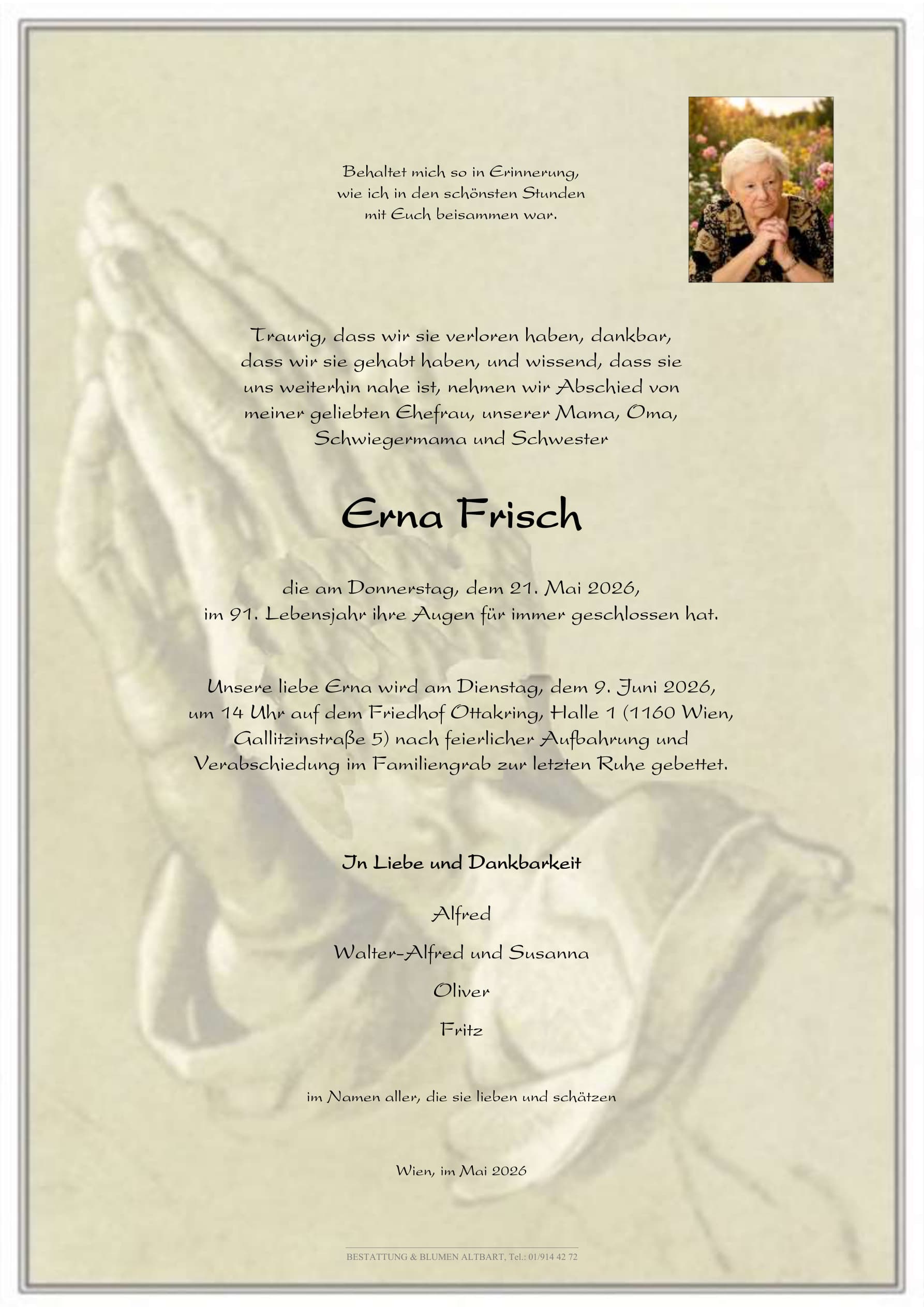 Parte der verstorbenen Person Erna Frisch 
