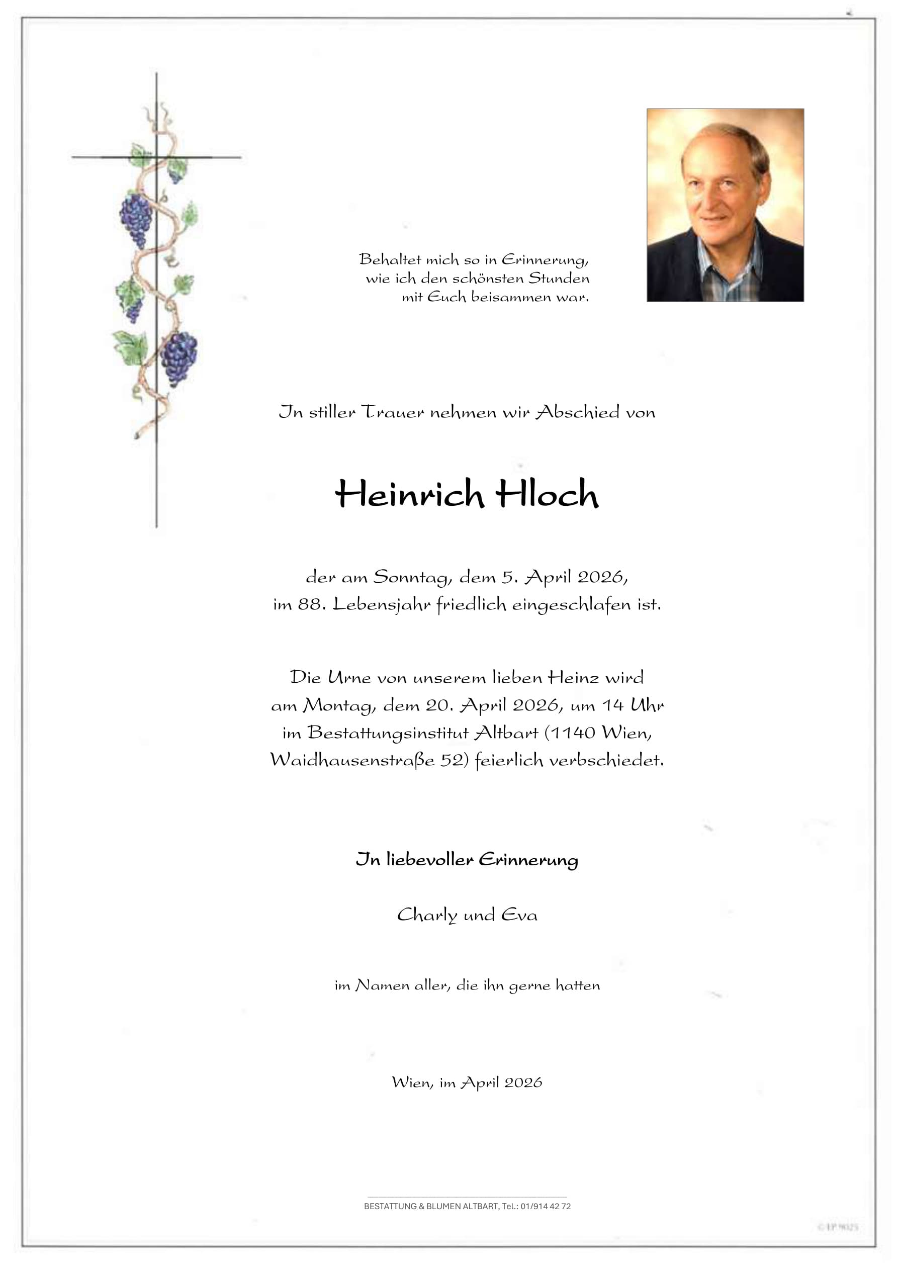 Parte der verstorbenen Person Heinrich Hloch 