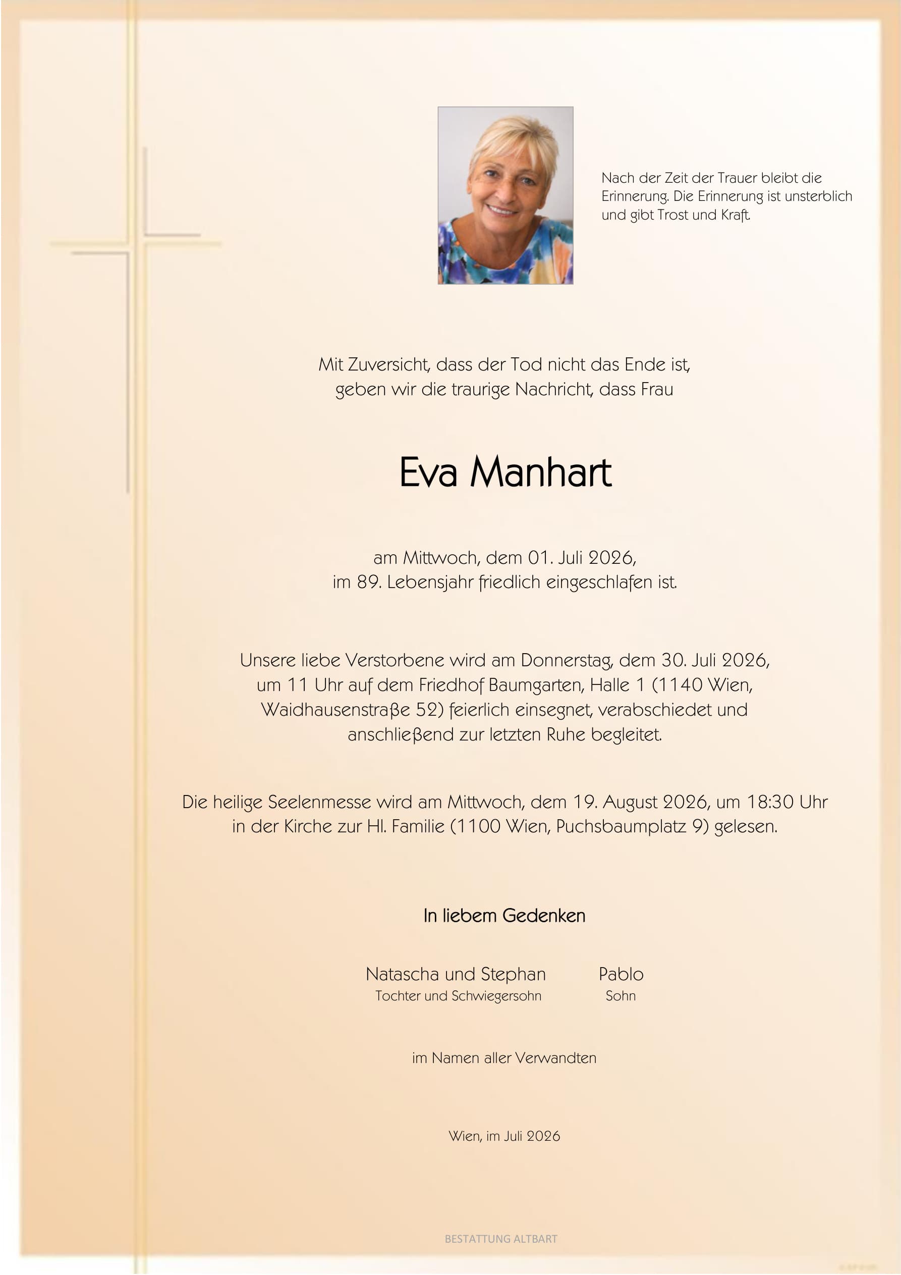 Parte der verstorbenen Person Eva Manhart 
