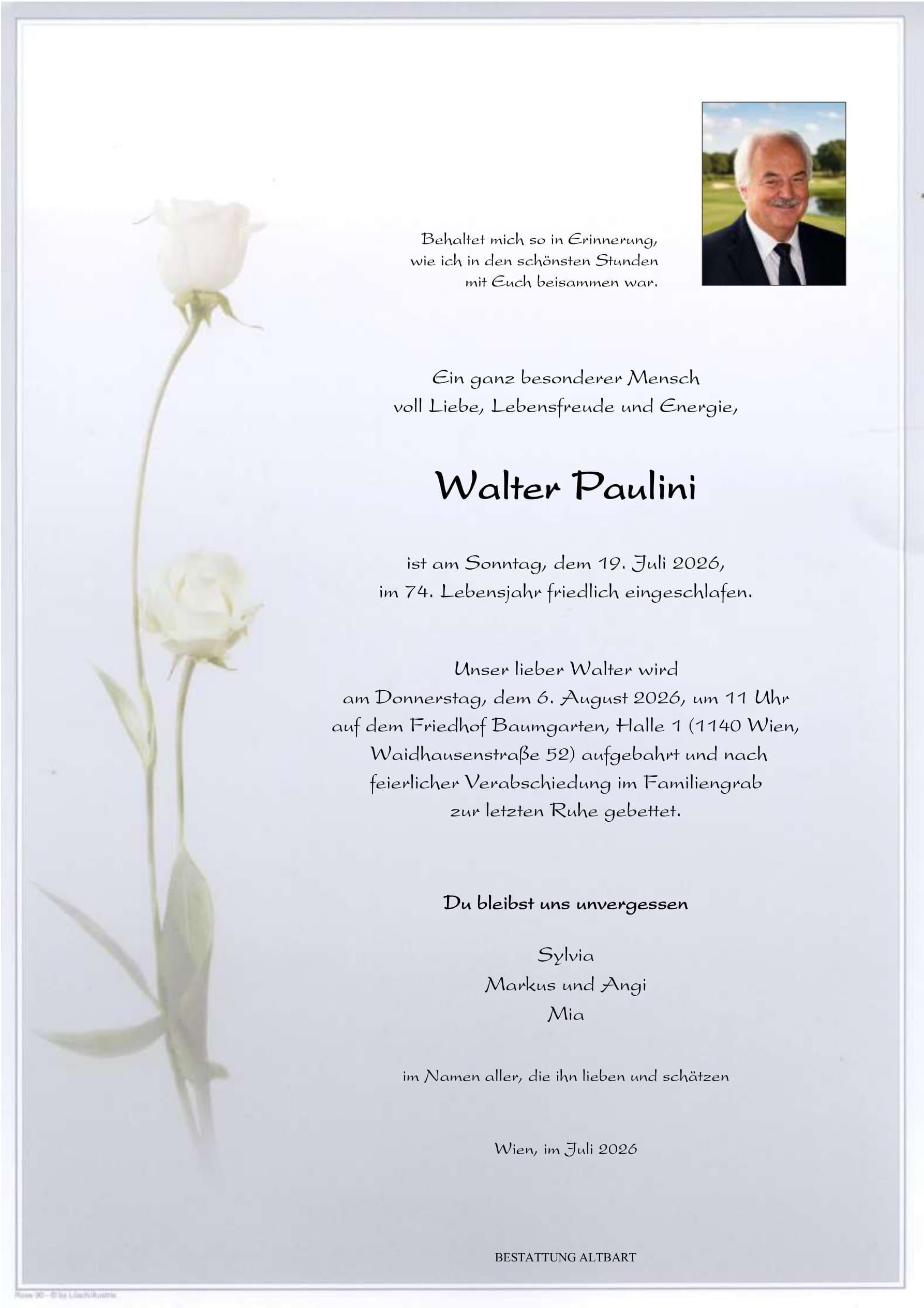 Parte der verstorbenen Person Walter Paulini 