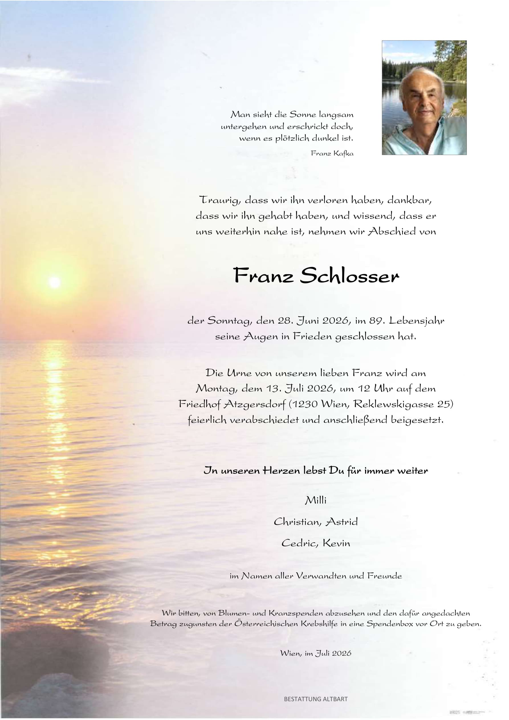 Parte der verstorbenen Person Franz Schlosser 