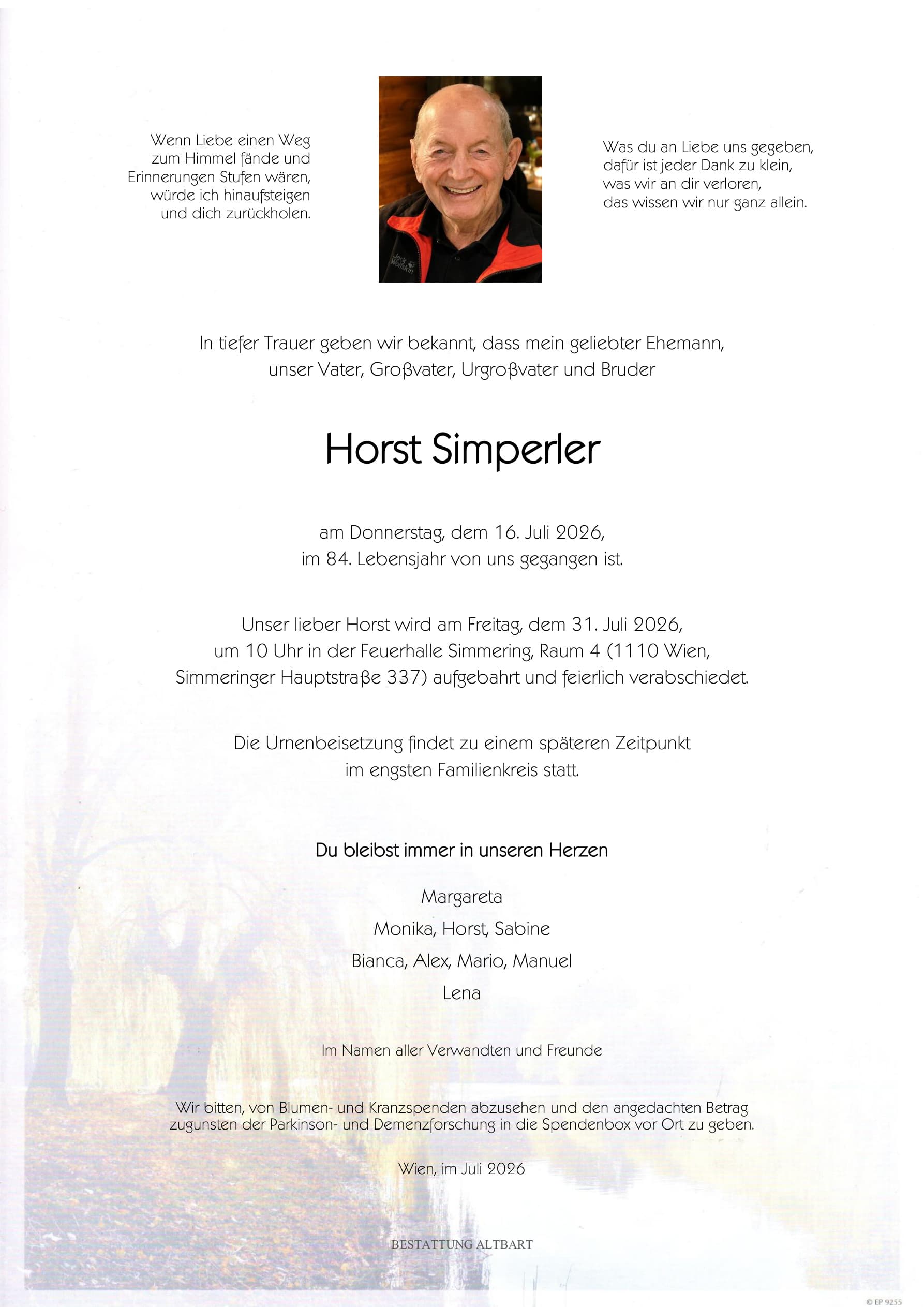Parte der verstorbenen Person Horst Simperler 