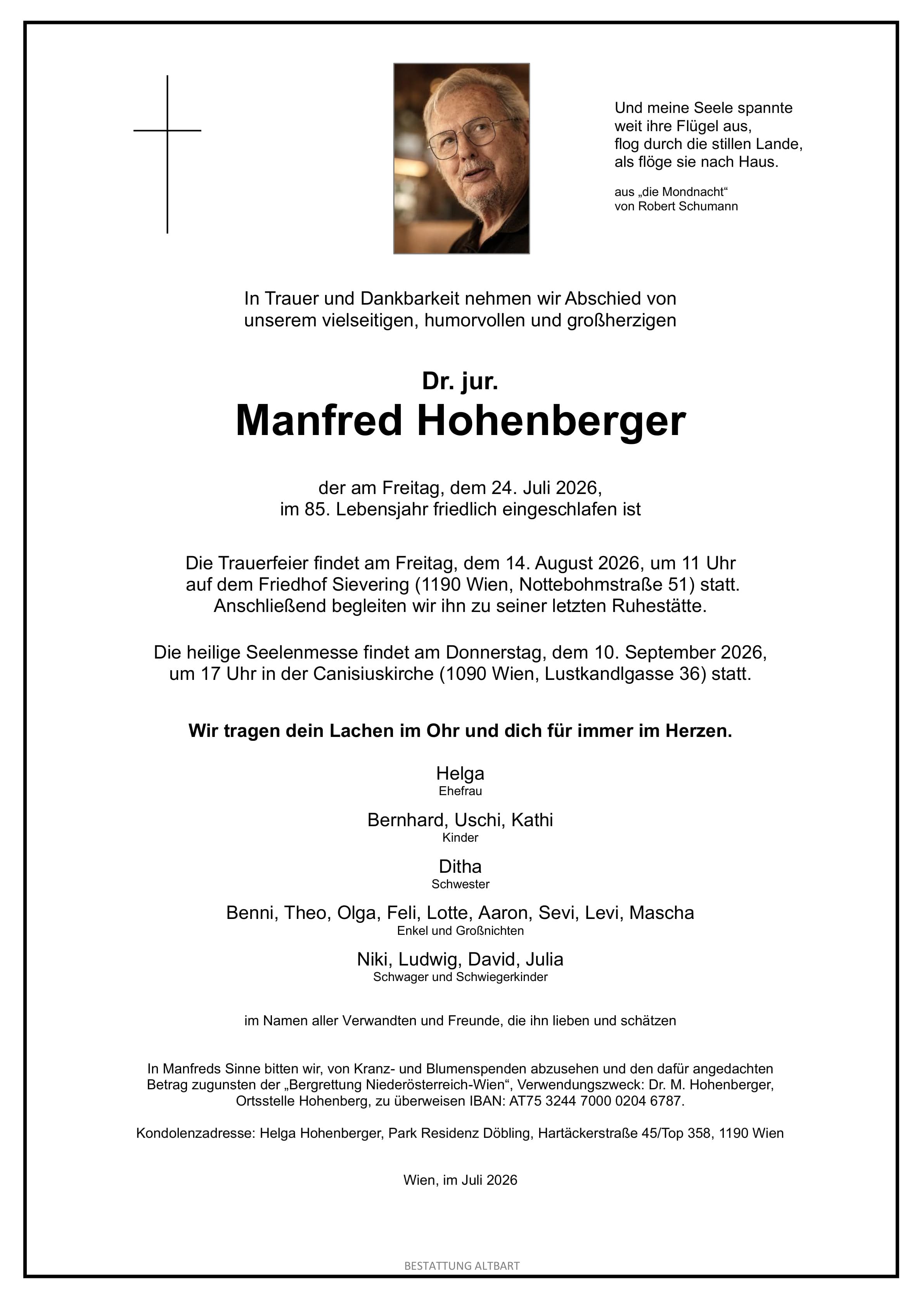 Parte der verstorbenen Person Dr. jur. Manfred Hohenberger