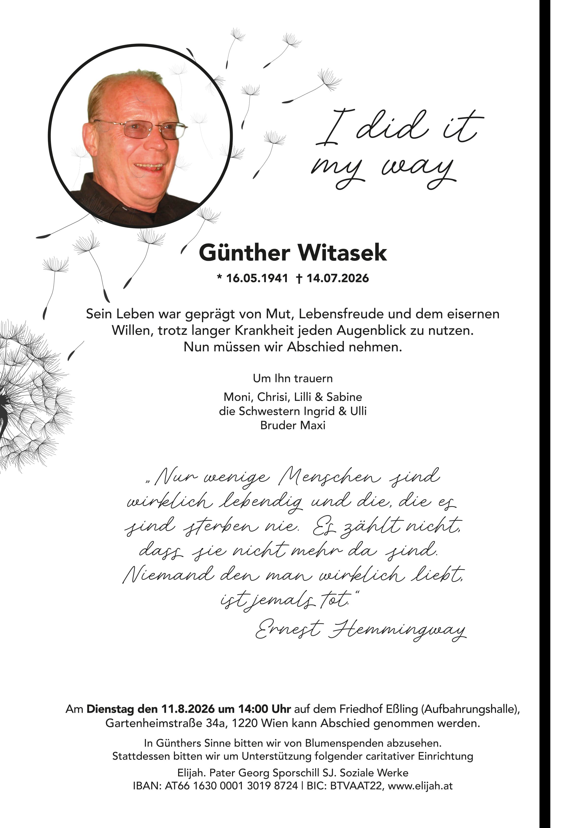Parte der verstorbenen Person Günther Witasek
