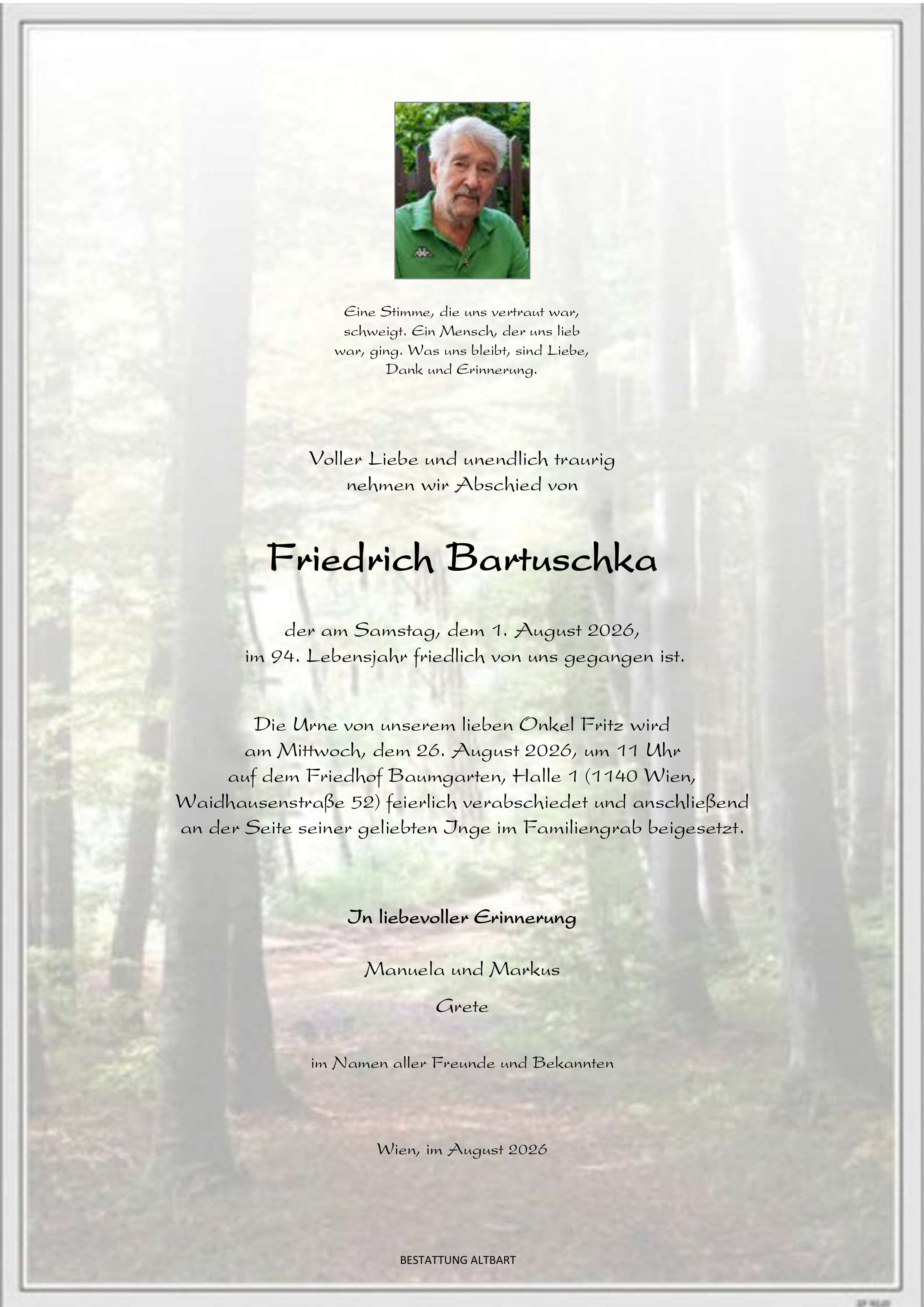 Parte der verstorbenen Person Friedrich Bartuschka 