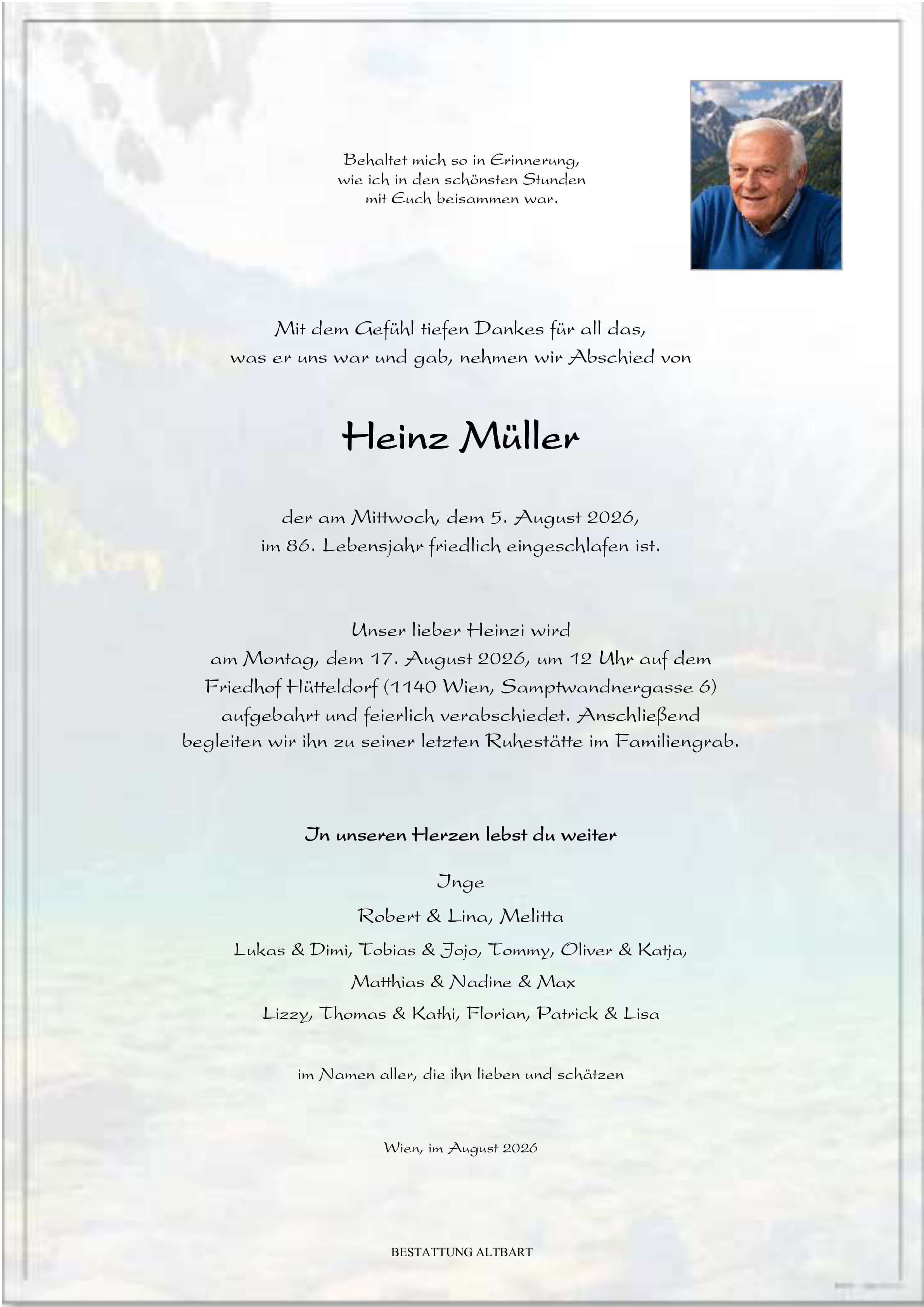 Parte der verstorbenen Person Heinz Müller 