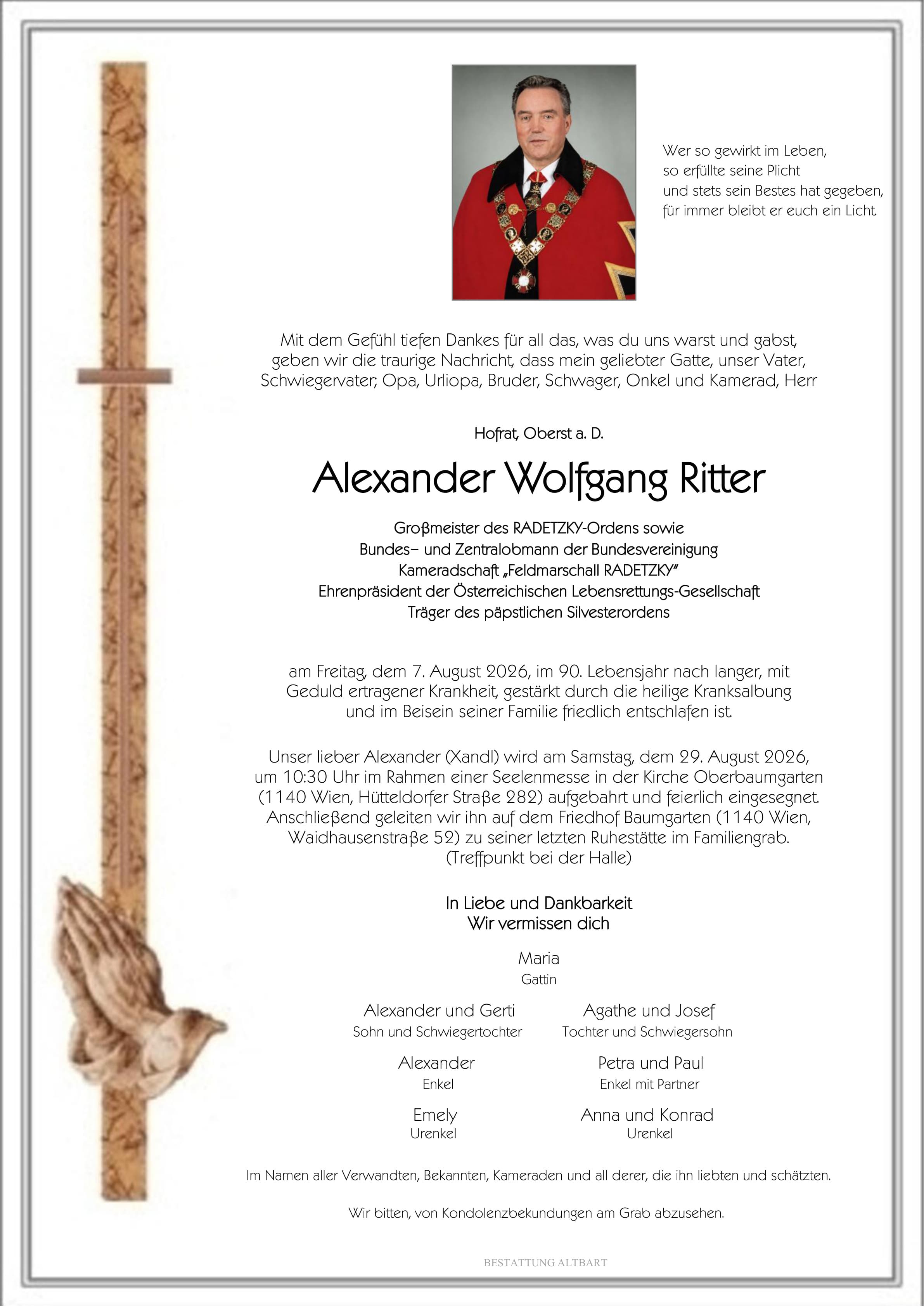 Parte der verstorbenen Person Alexander Wolfgang Ritter 