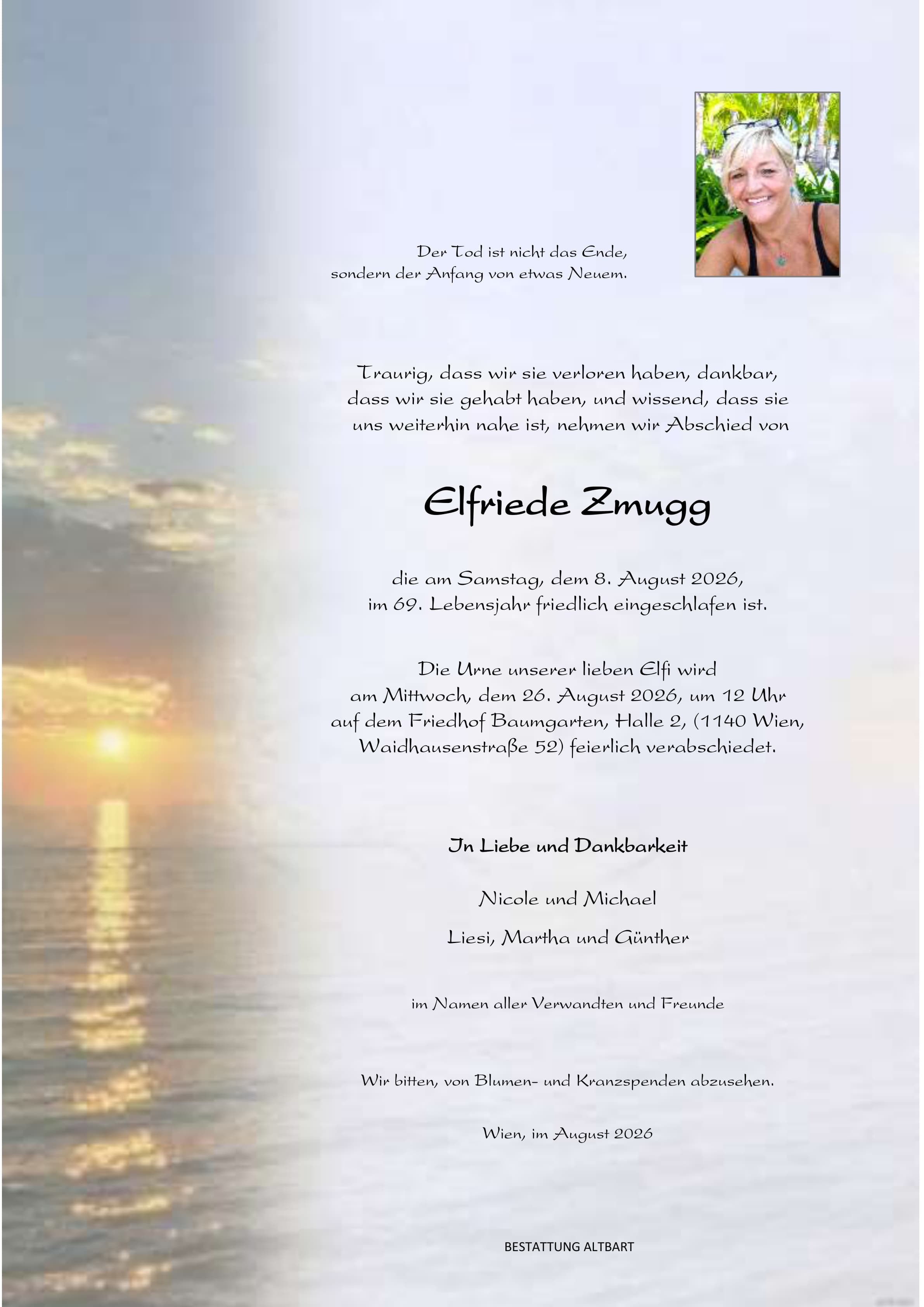 Parte der verstorbenen Person Elfriede Zmugg 