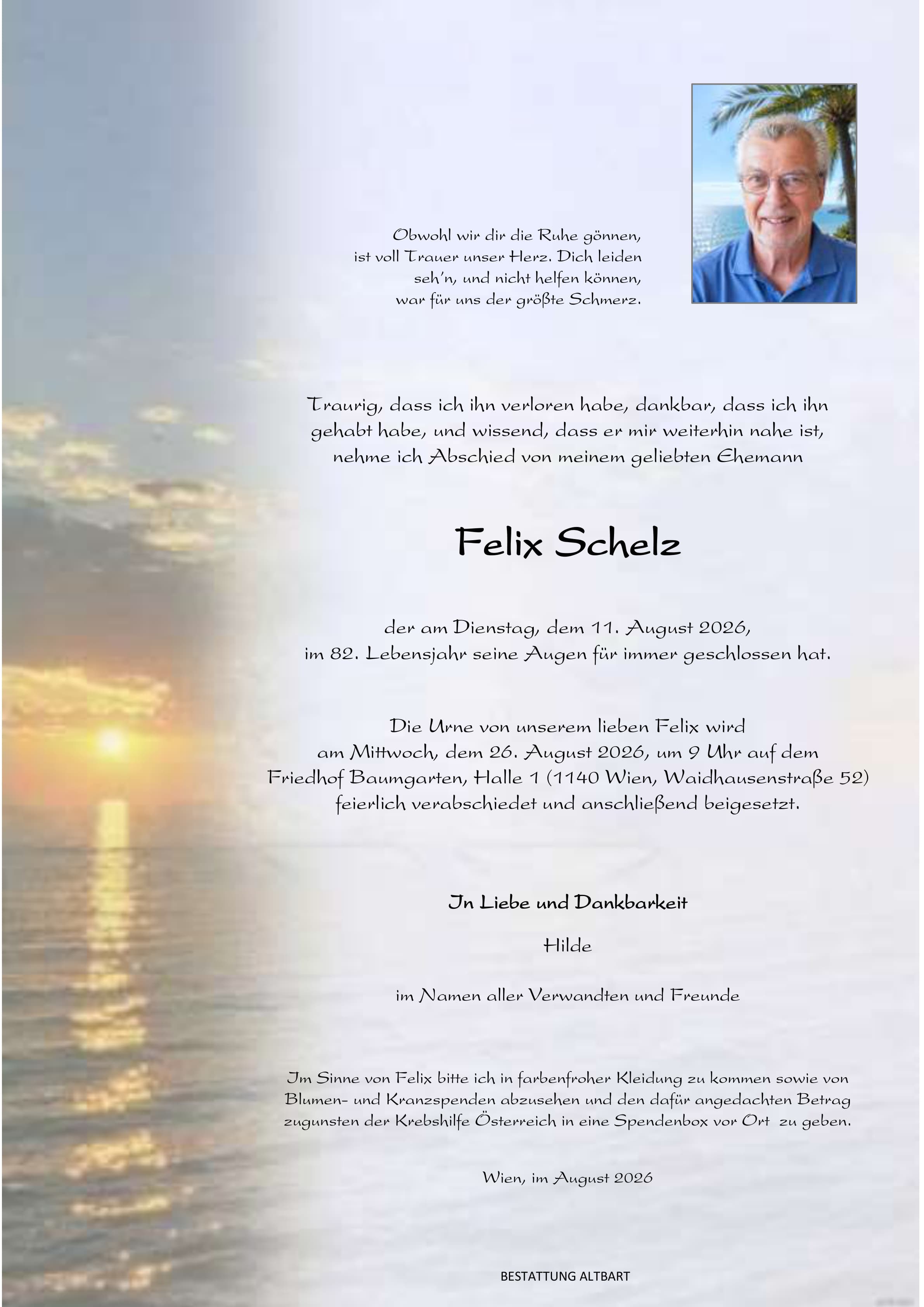 Parte der verstorbenen Person Felix Schelz 