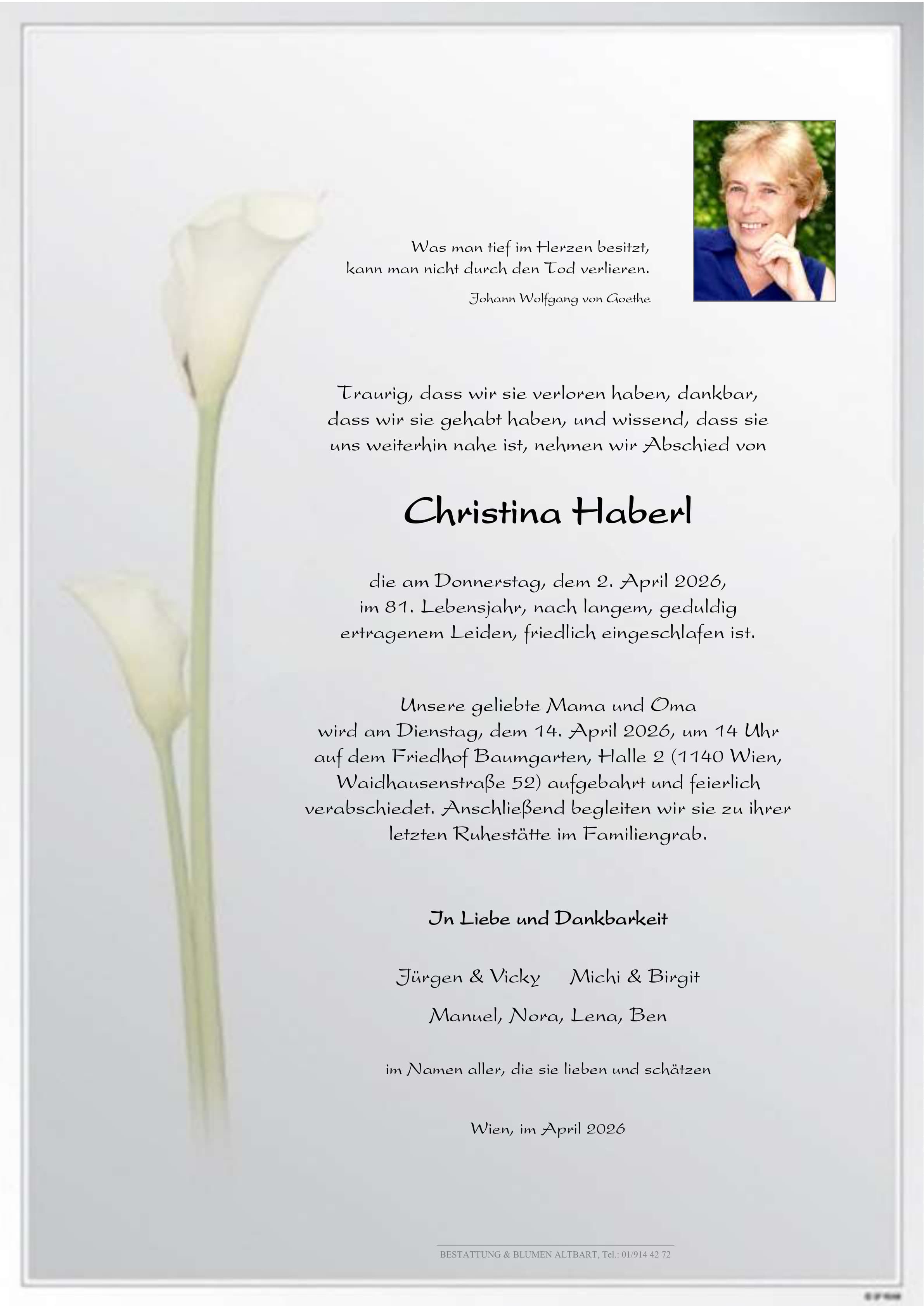 Parte der verstorbenen Person Christina Haberl