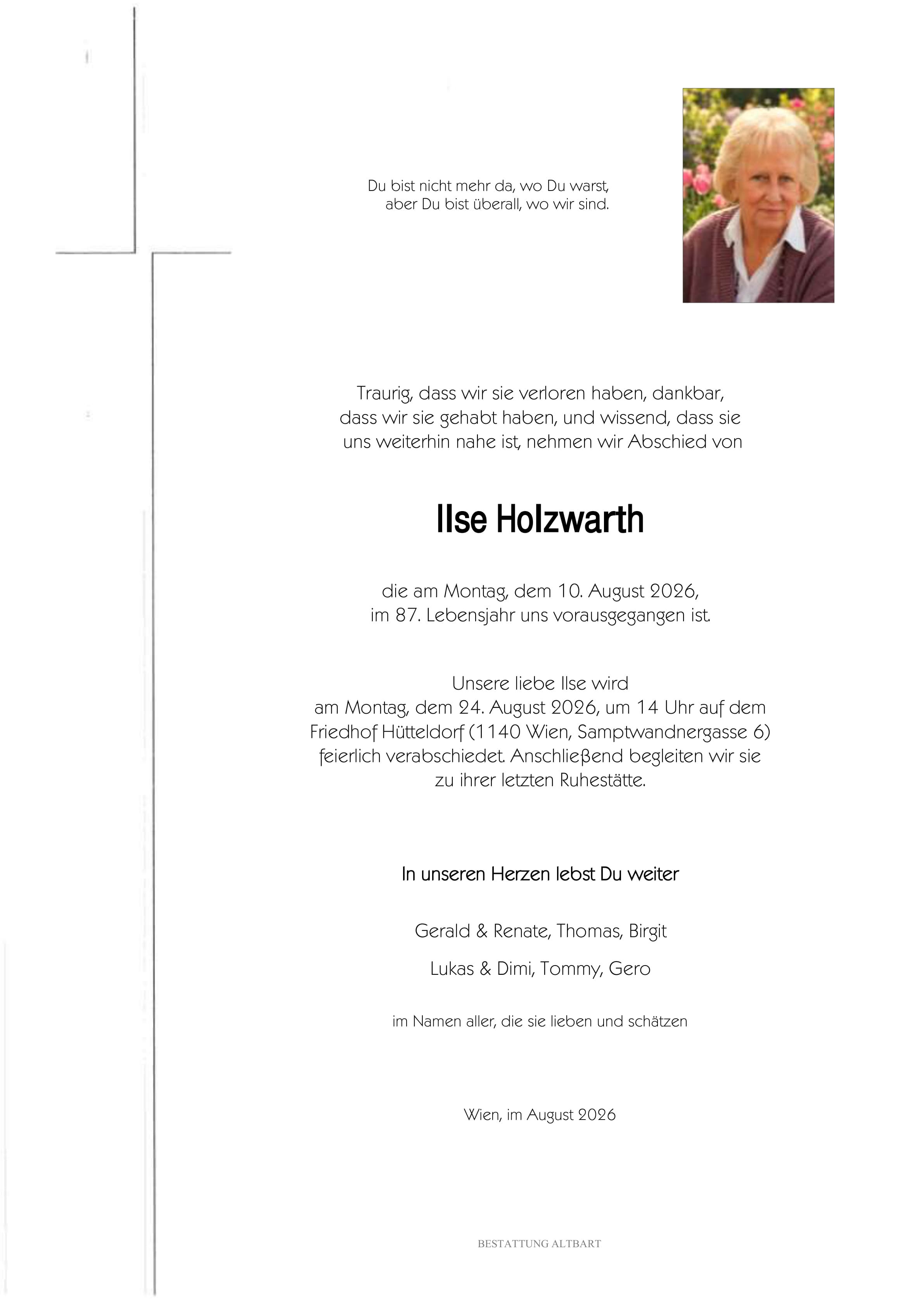 Parte der verstorbenen Person Ilse Holzwarth 