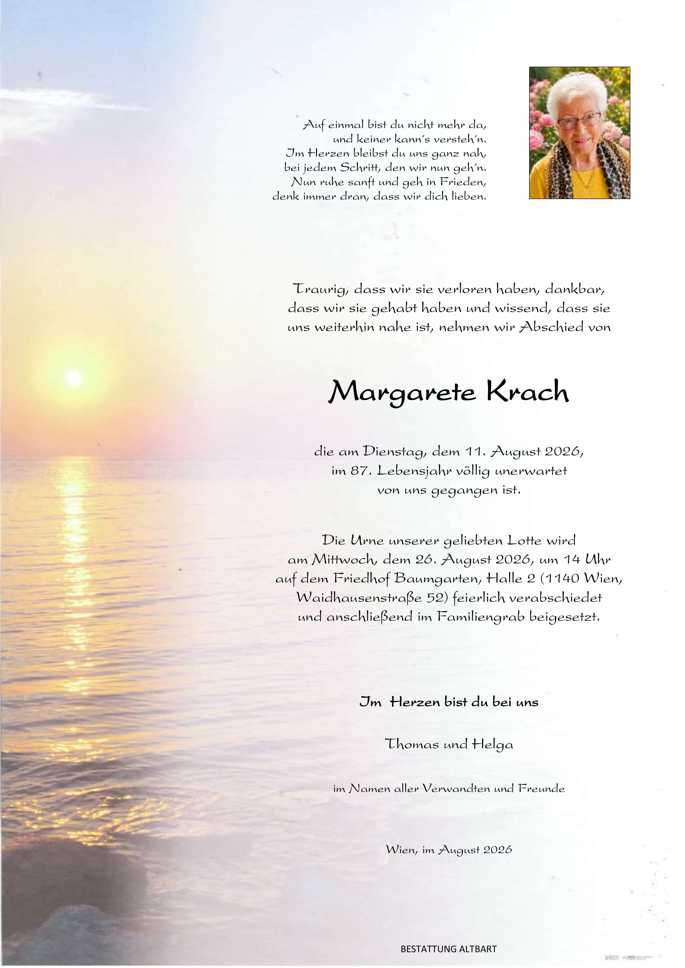 Parte der verstorbenen Person Margarete Krach 