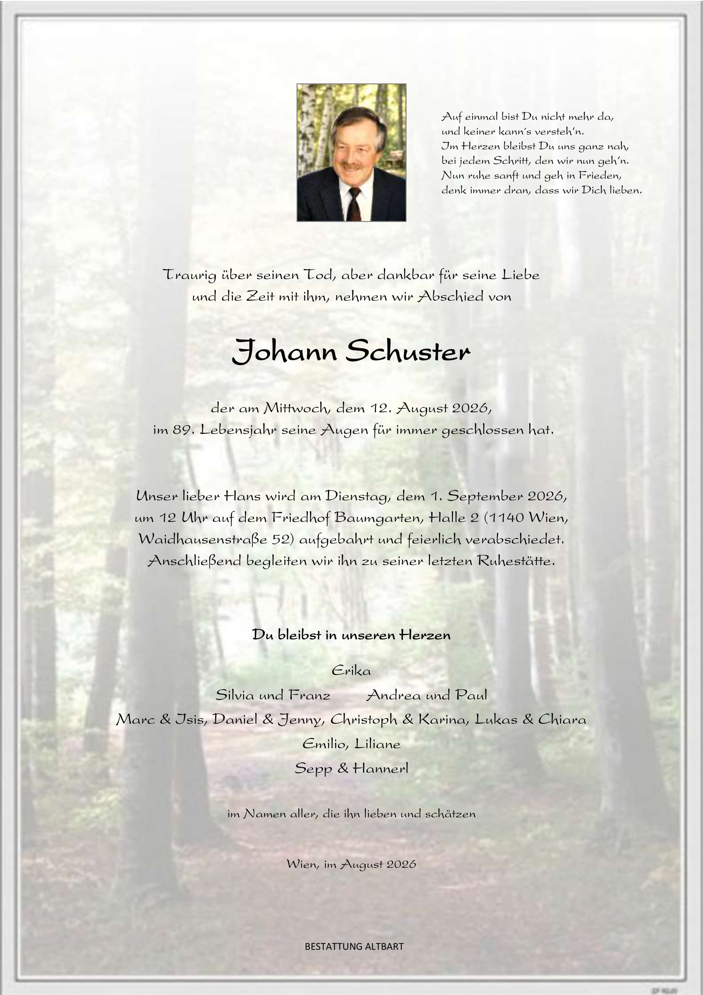 Parte der verstorbenen Person Johann Schuster