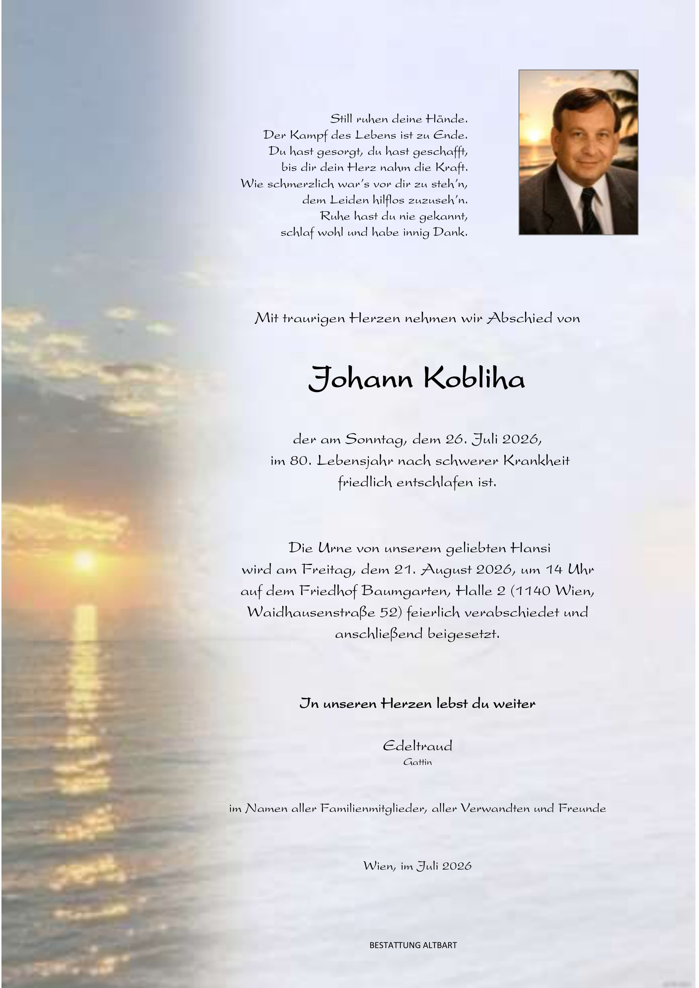 Parte der verstorbenen Person Johann Kobliha 