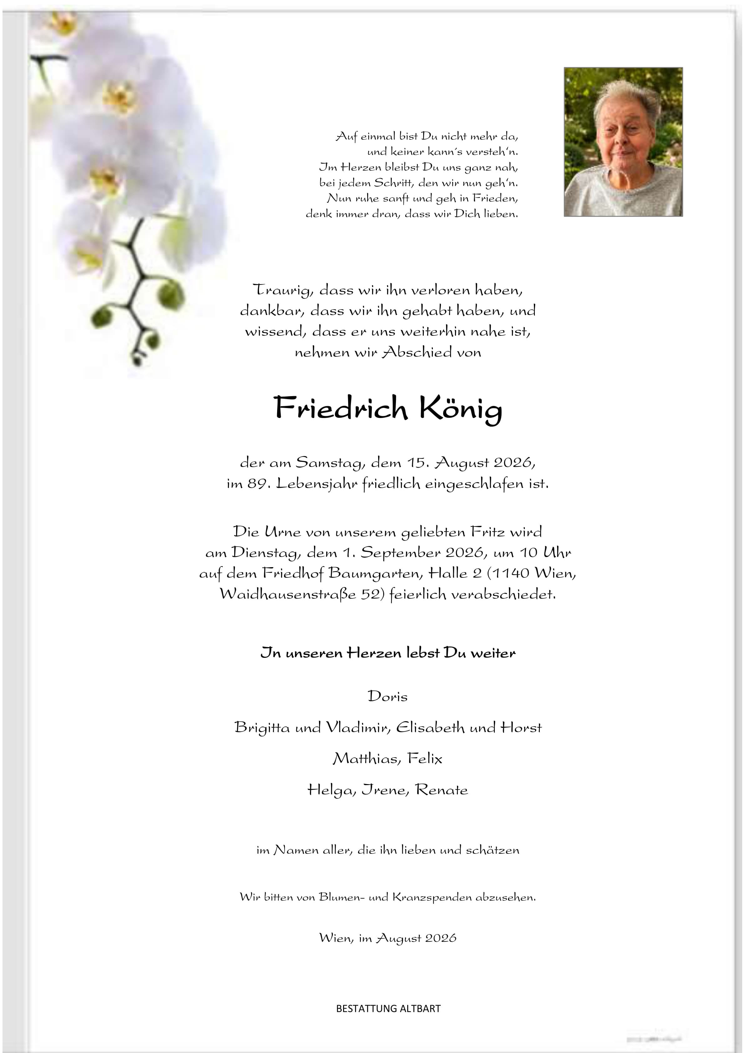 Parte der verstorbenen Person Friedrich König