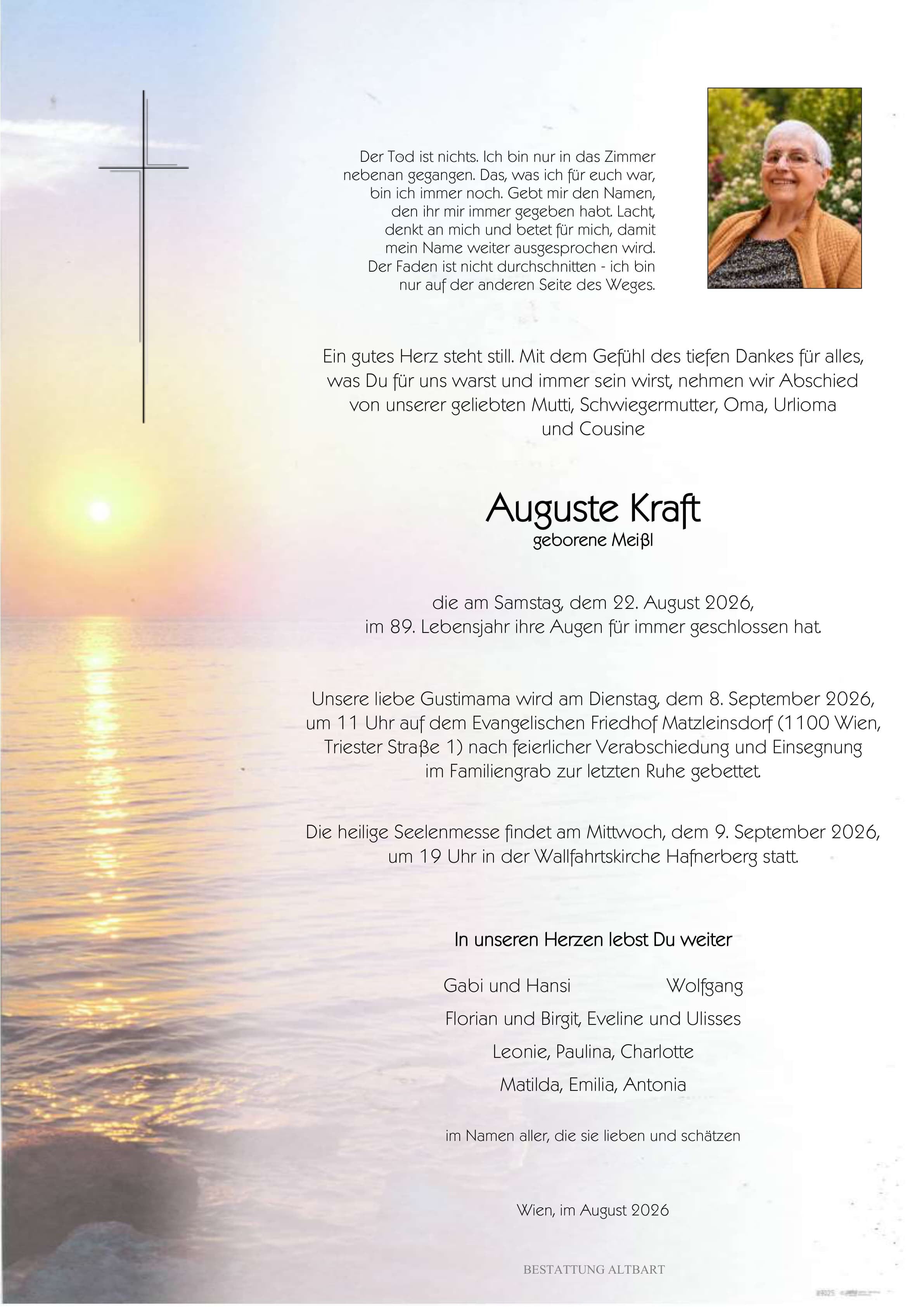 Parte der verstorbenen Person Auguste Kraft 