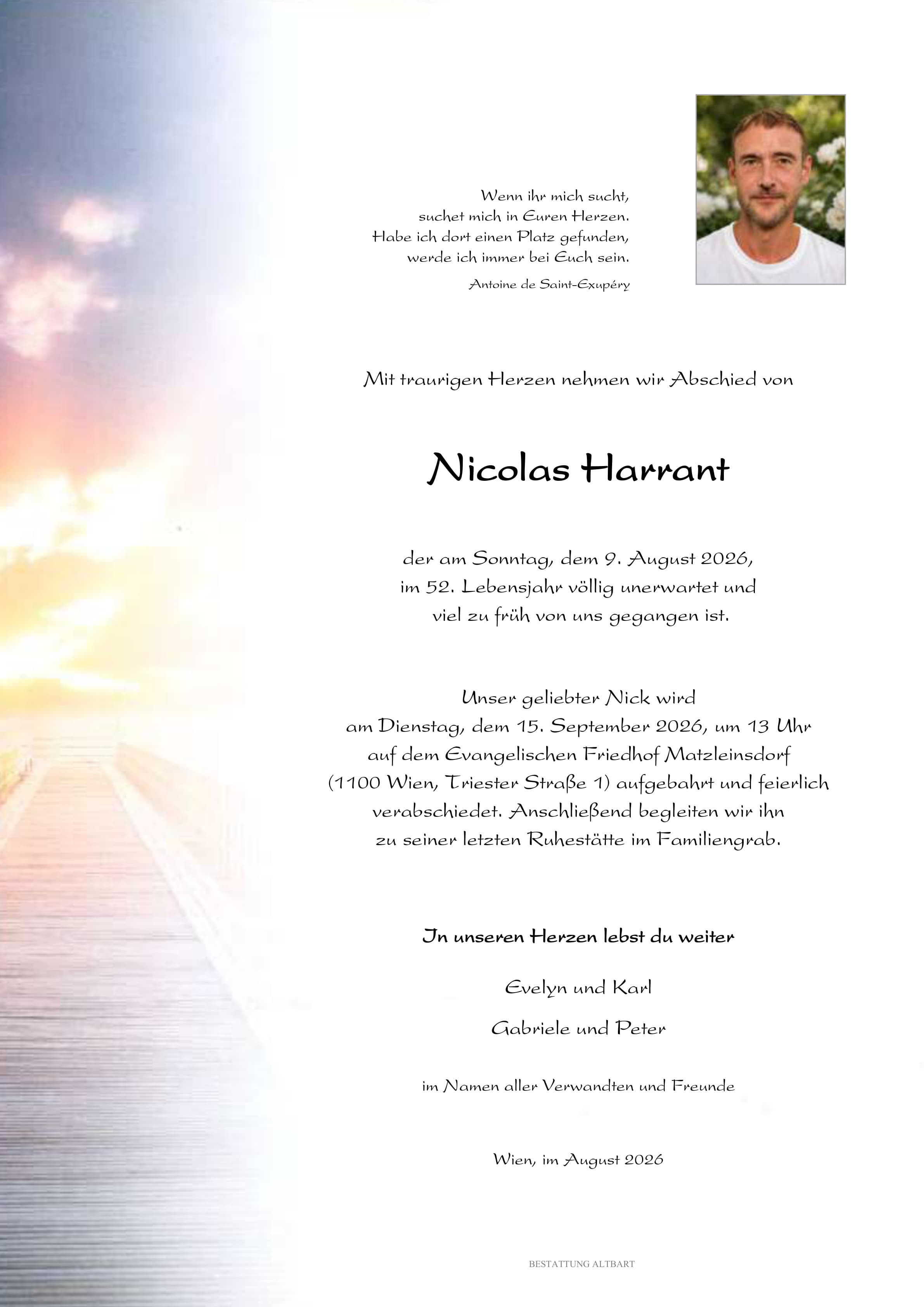 Parte der verstorbenen Person Nicolas Harrant 