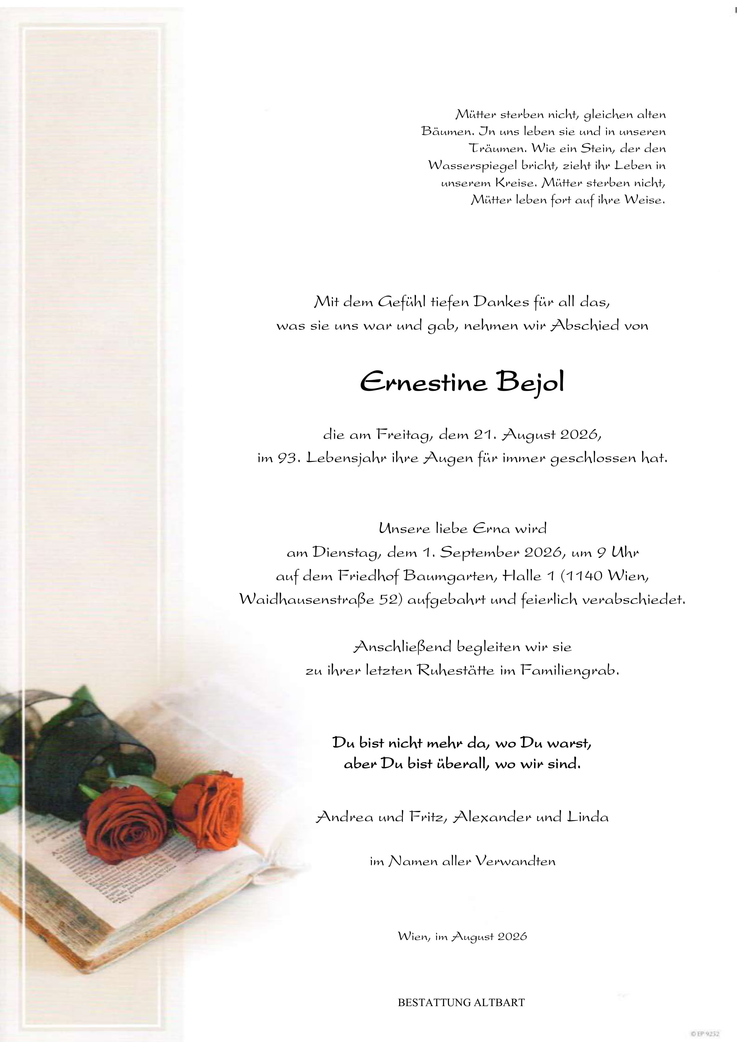 Parte der verstorbenen Person Ernestine Bejol