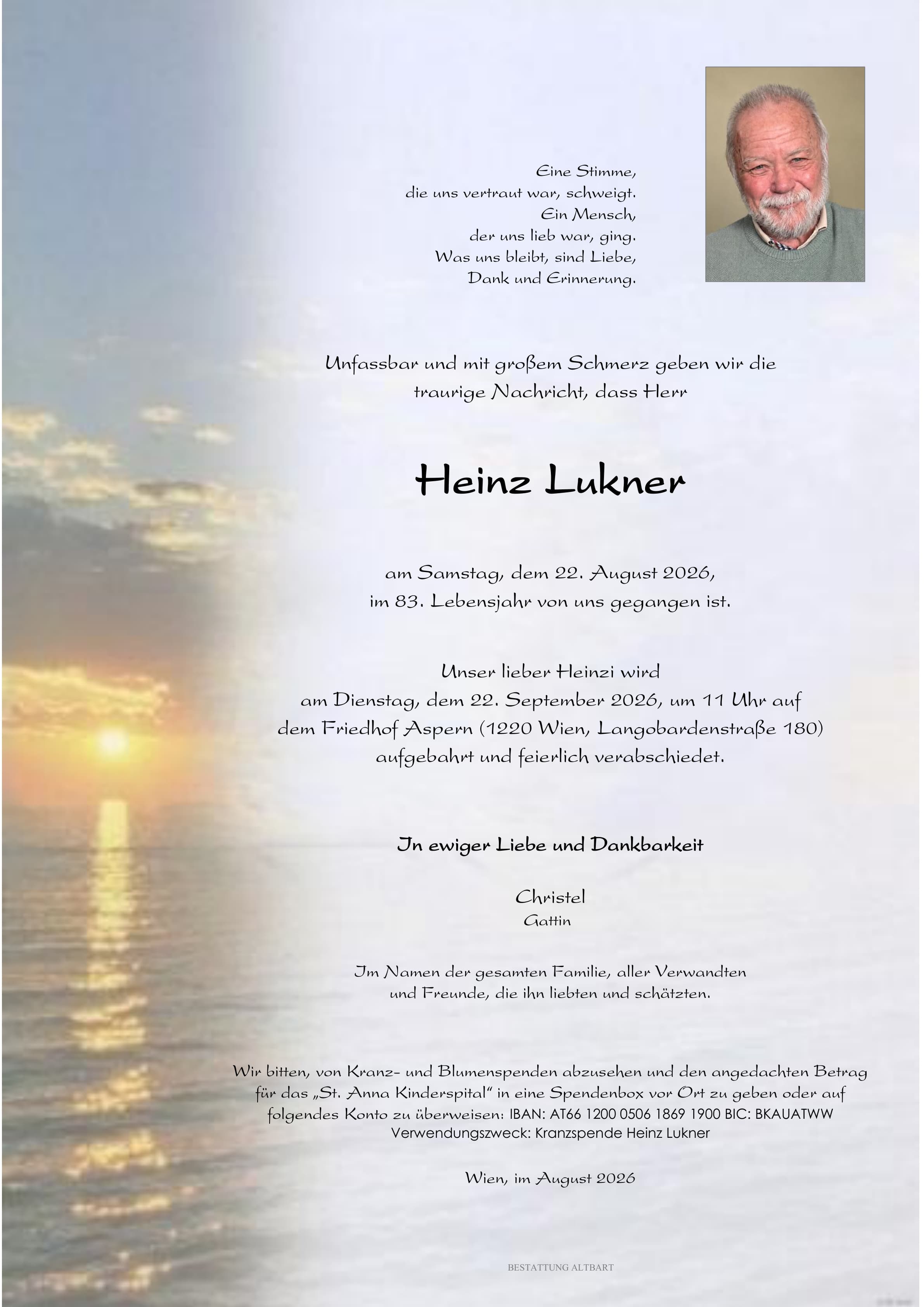 Parte der verstorbenen Person Heinz Lukner 