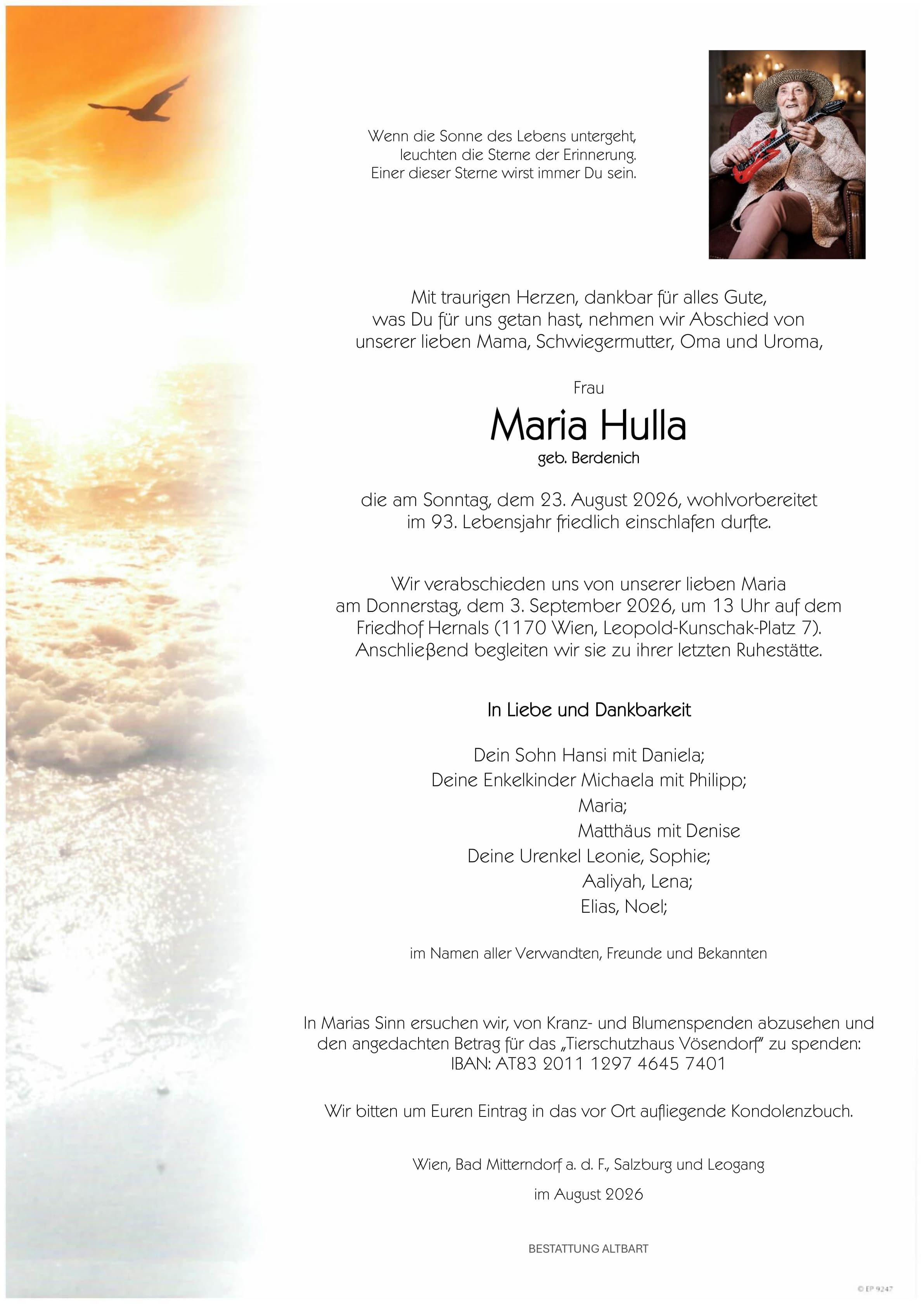 Parte der verstorbenen Person Maria Hulla 