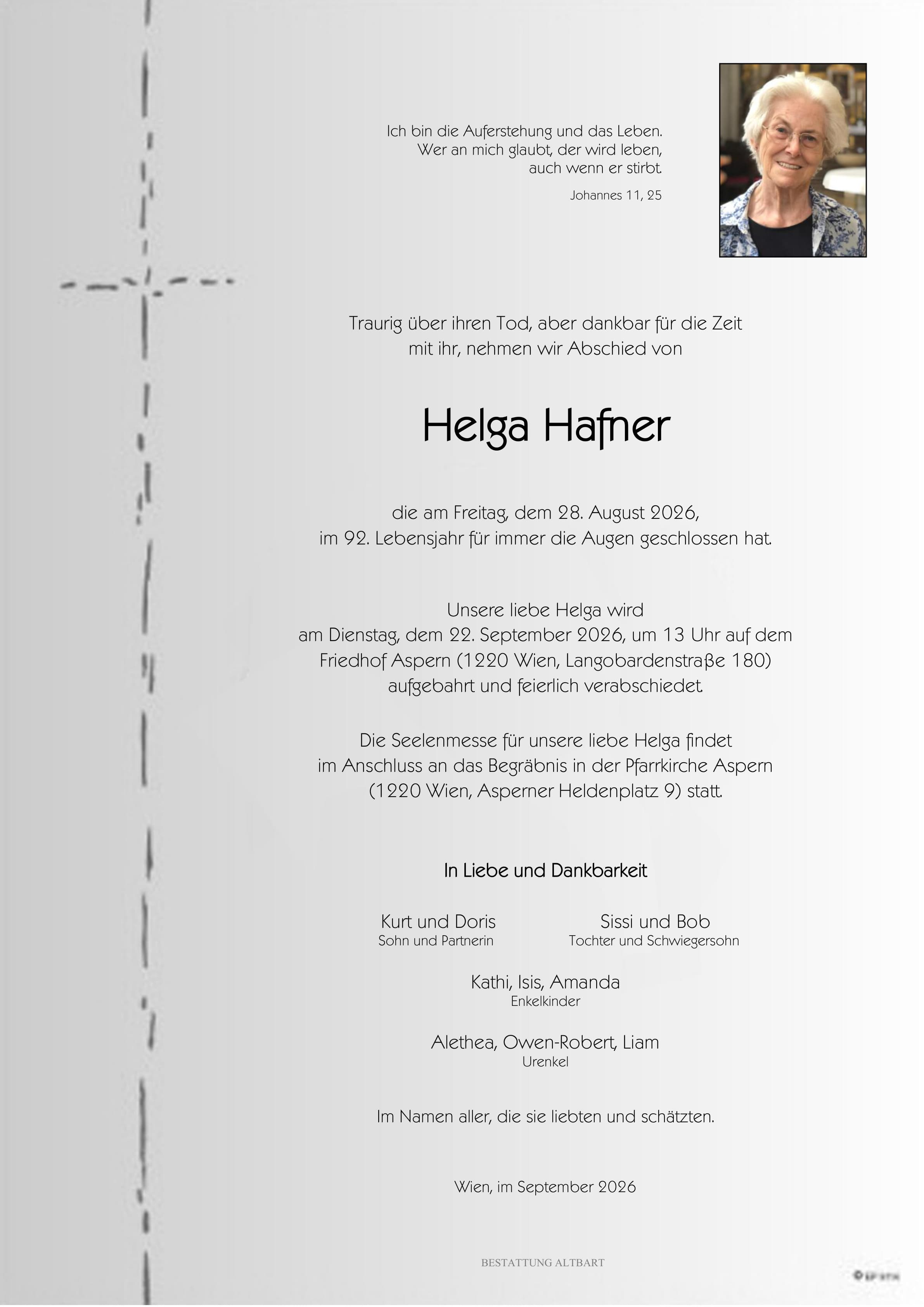 Parte der verstorbenen Person Helga Hafner 