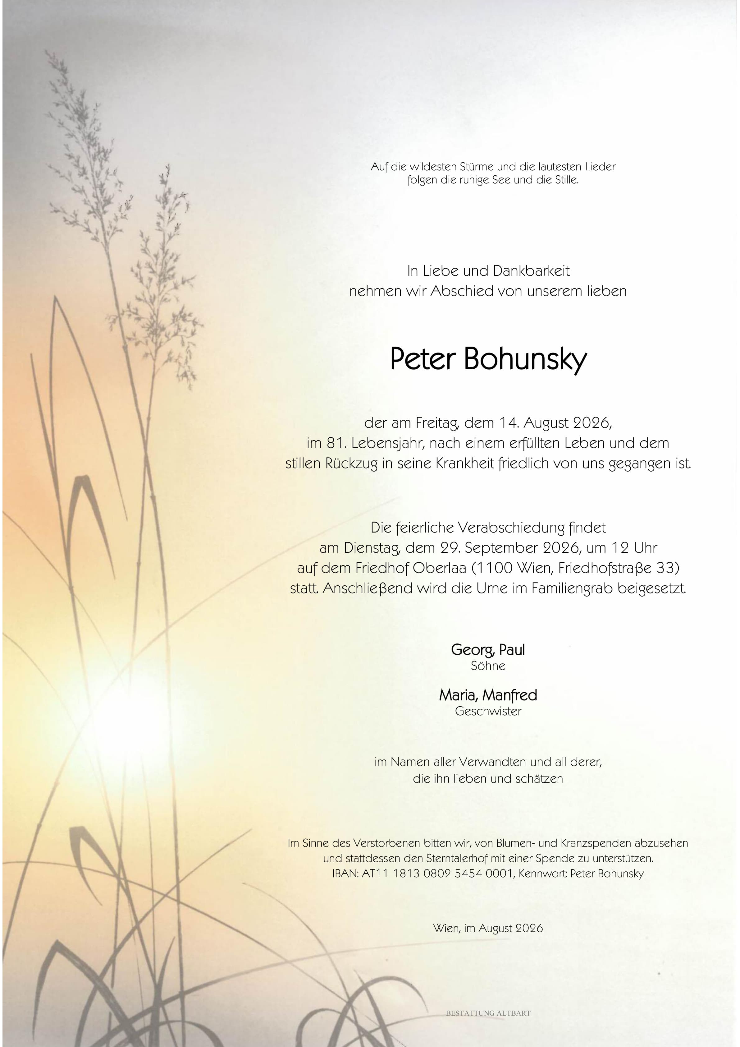 Parte der verstorbenen Person Peter Bohunsky 