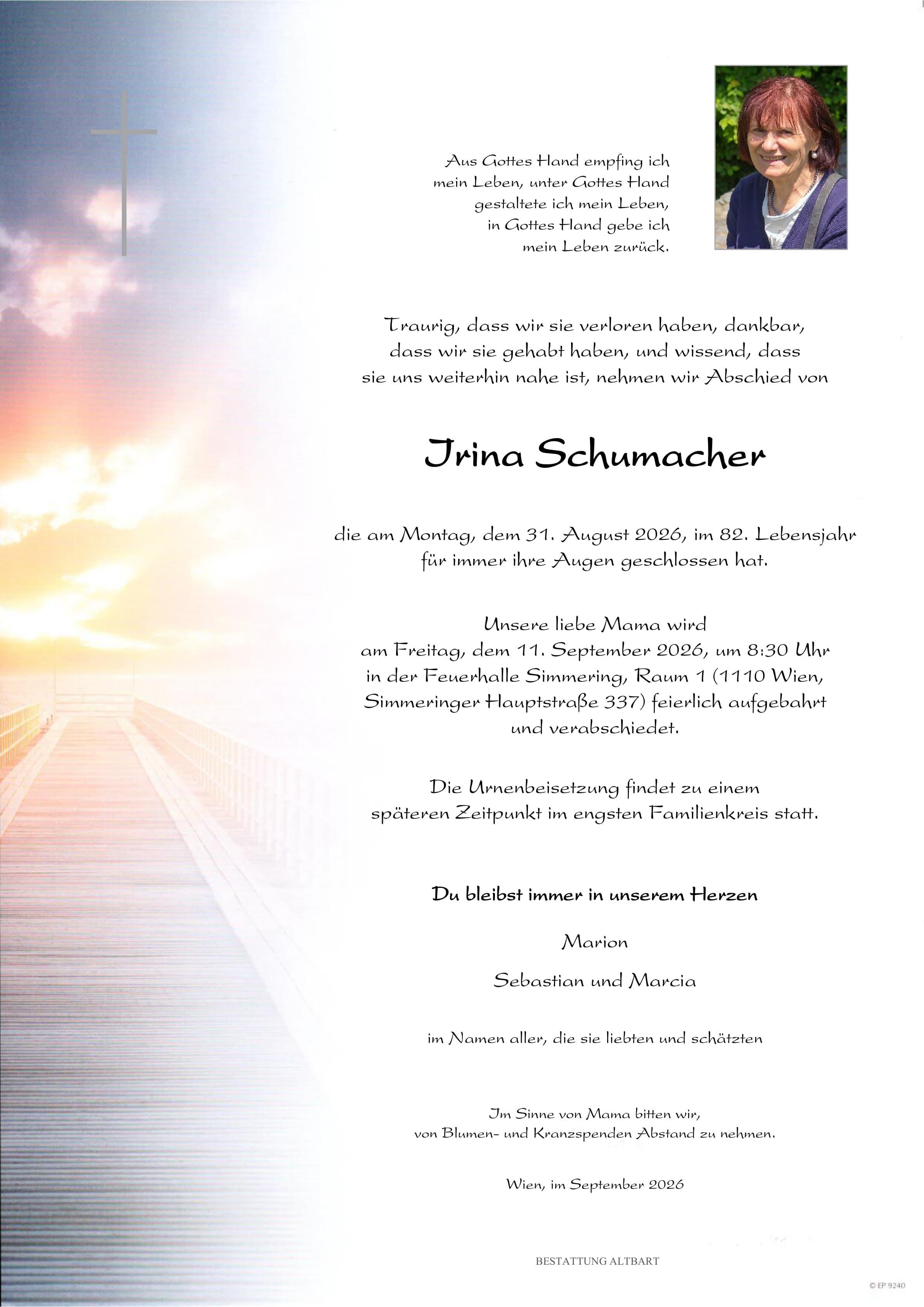 Parte der verstorbenen Person Irina Schumacher 